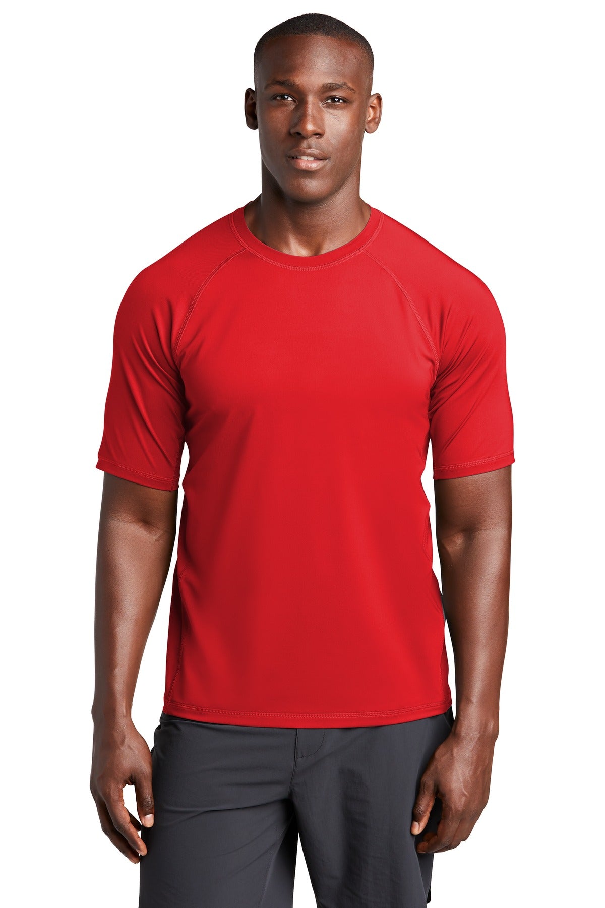 Front View of True Red Sport-Tek Rashguard Tee. ST470