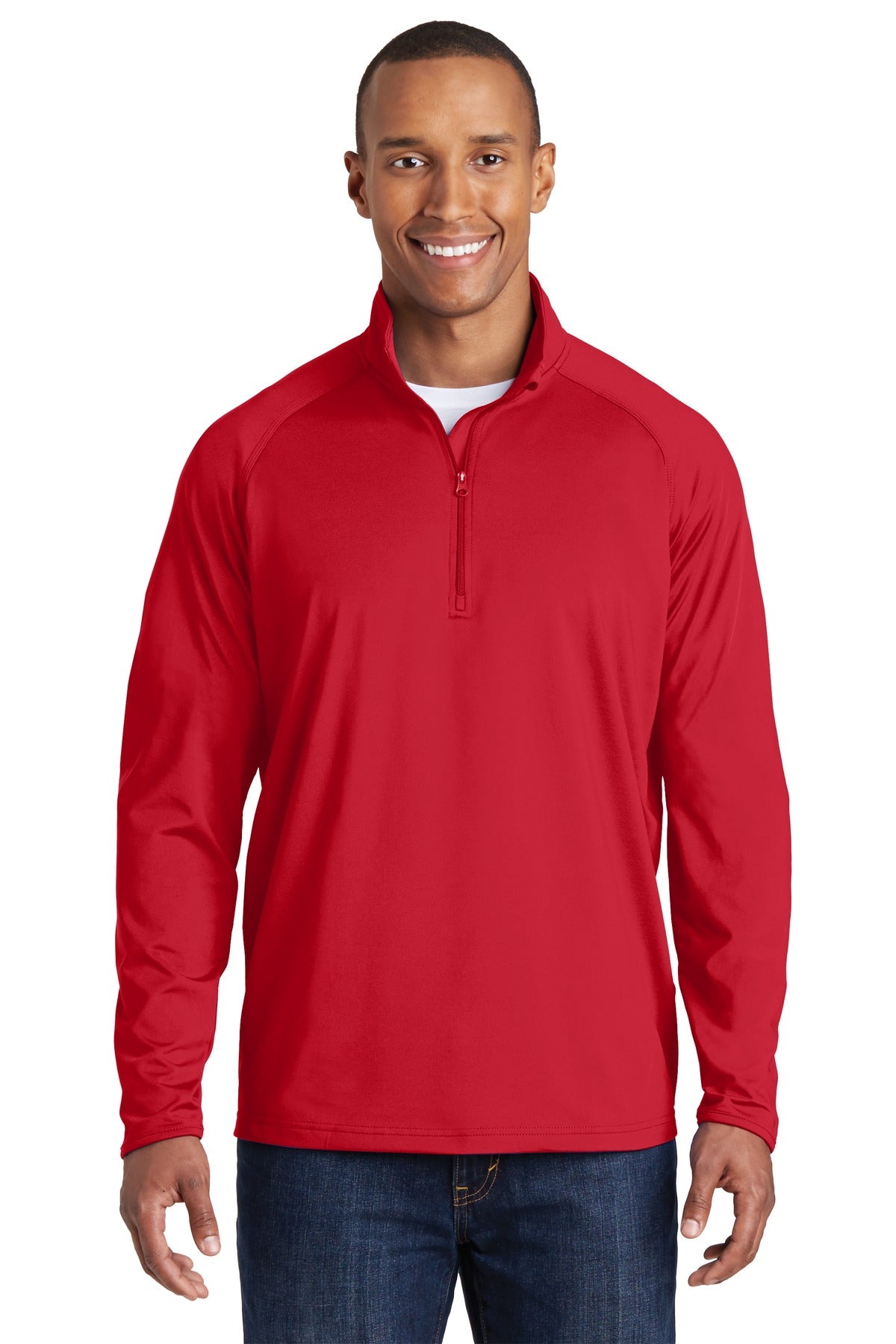 Front View of True Red Sport-Tek Tall Sport-Wick Stretch 1/4-Zip Pullover. TST850