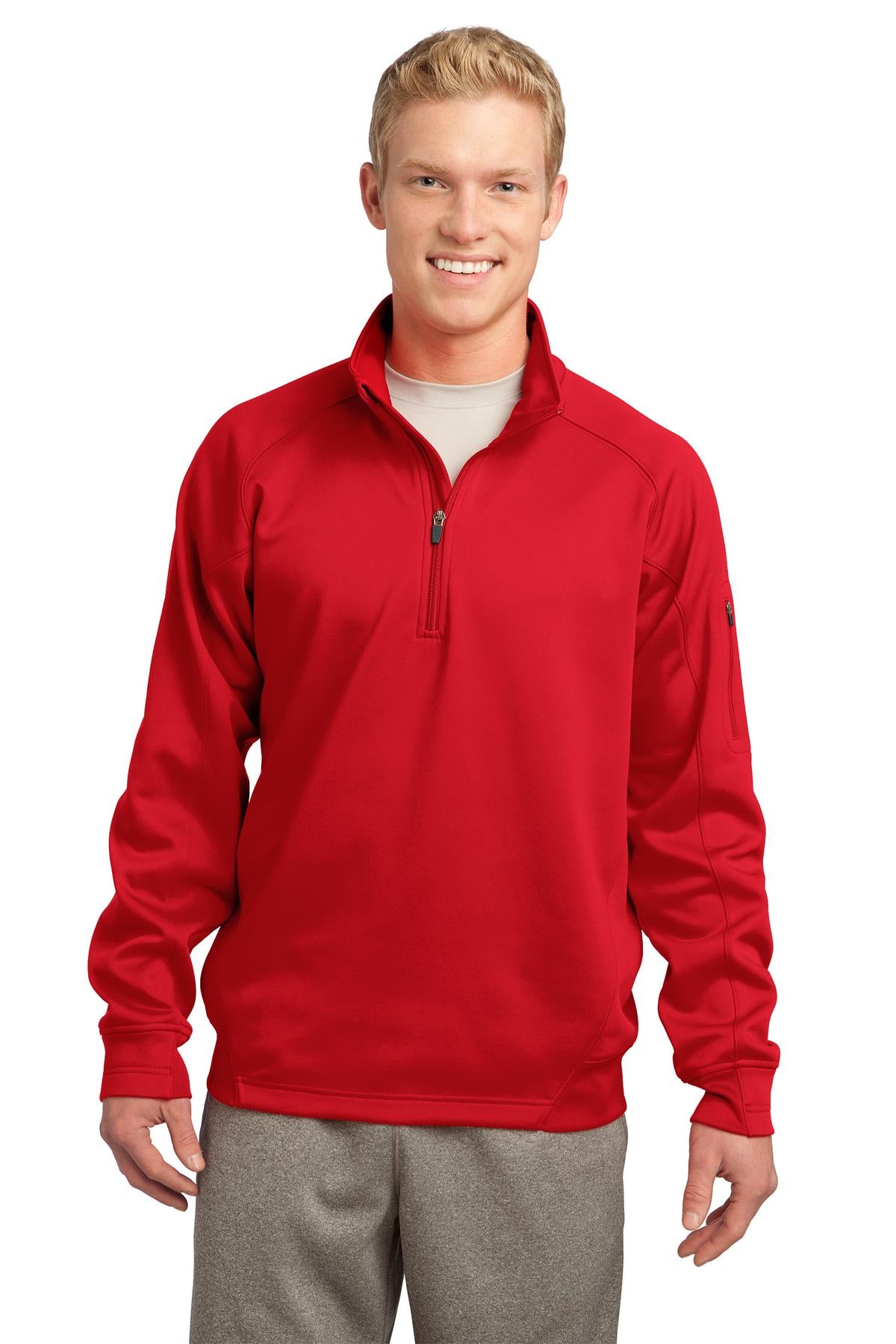 Front View of True Red Sport-Tek Tech Fleece 1/4-Zip Pullover. F247