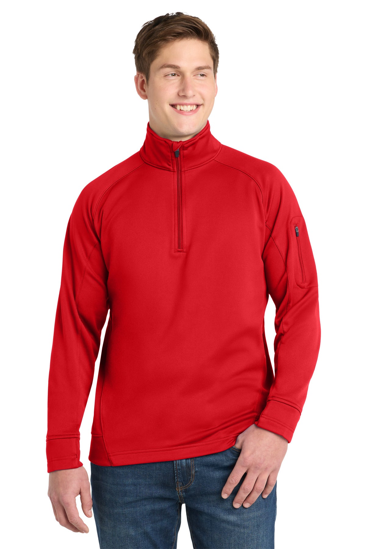Front View of True Red Sport-Tek Tech Fleece 1/4-Zip Pullover. F247