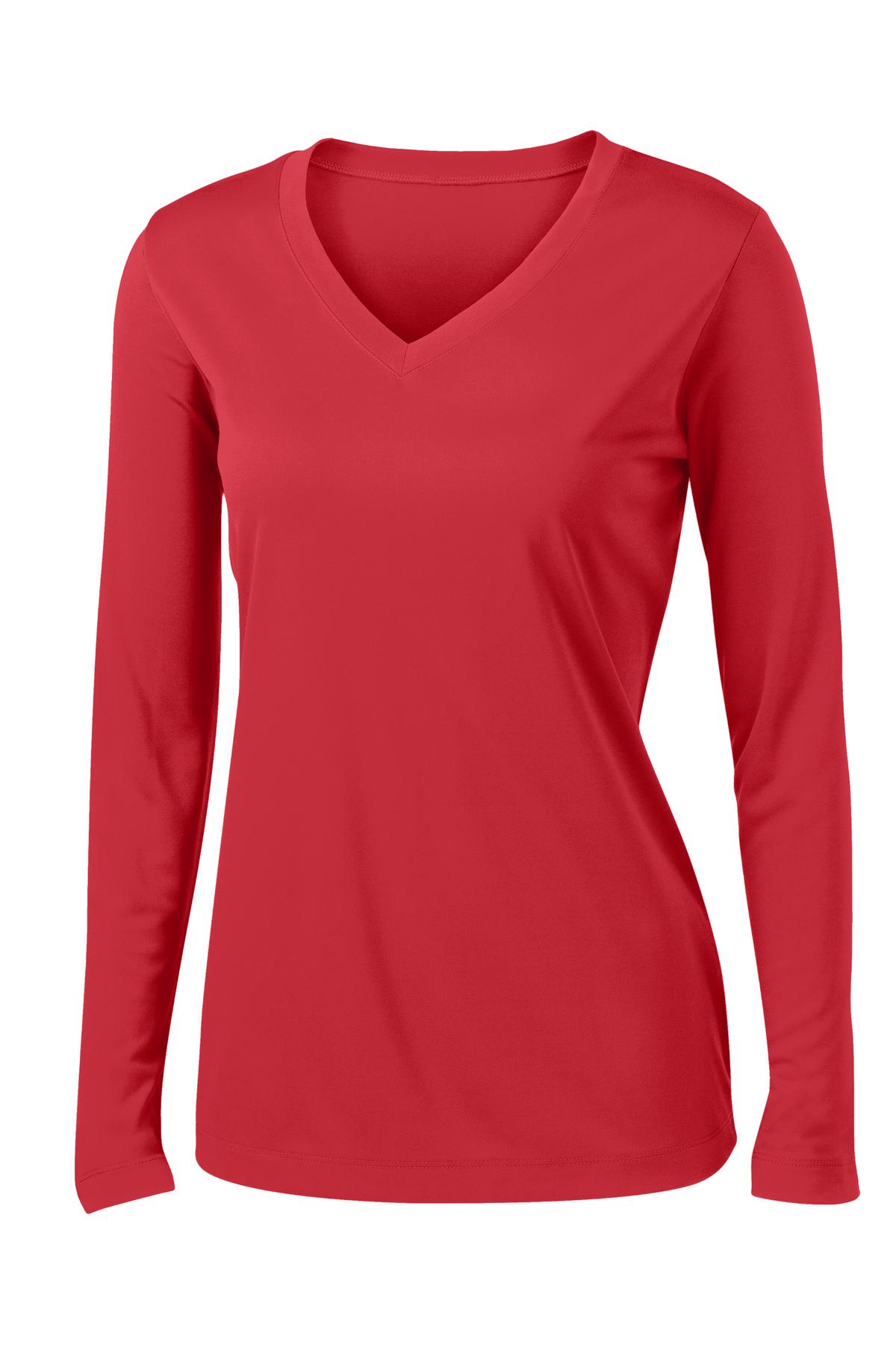 Front View of True Red Sport-Tek Women's Long Sleeve PosiCharge Competitor V-Neck Tee. LST353LS