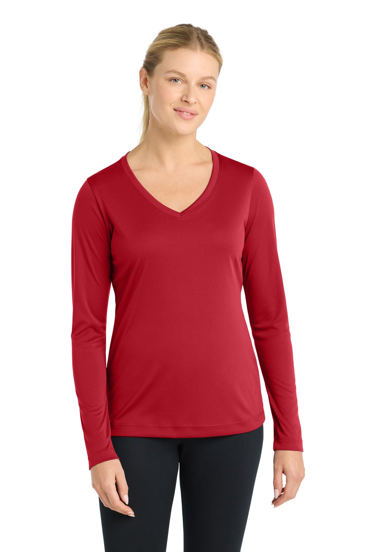 Front View of True Red Sport-Tek Women's Long Sleeve PosiCharge Competitor V-Neck Tee. LST353LS