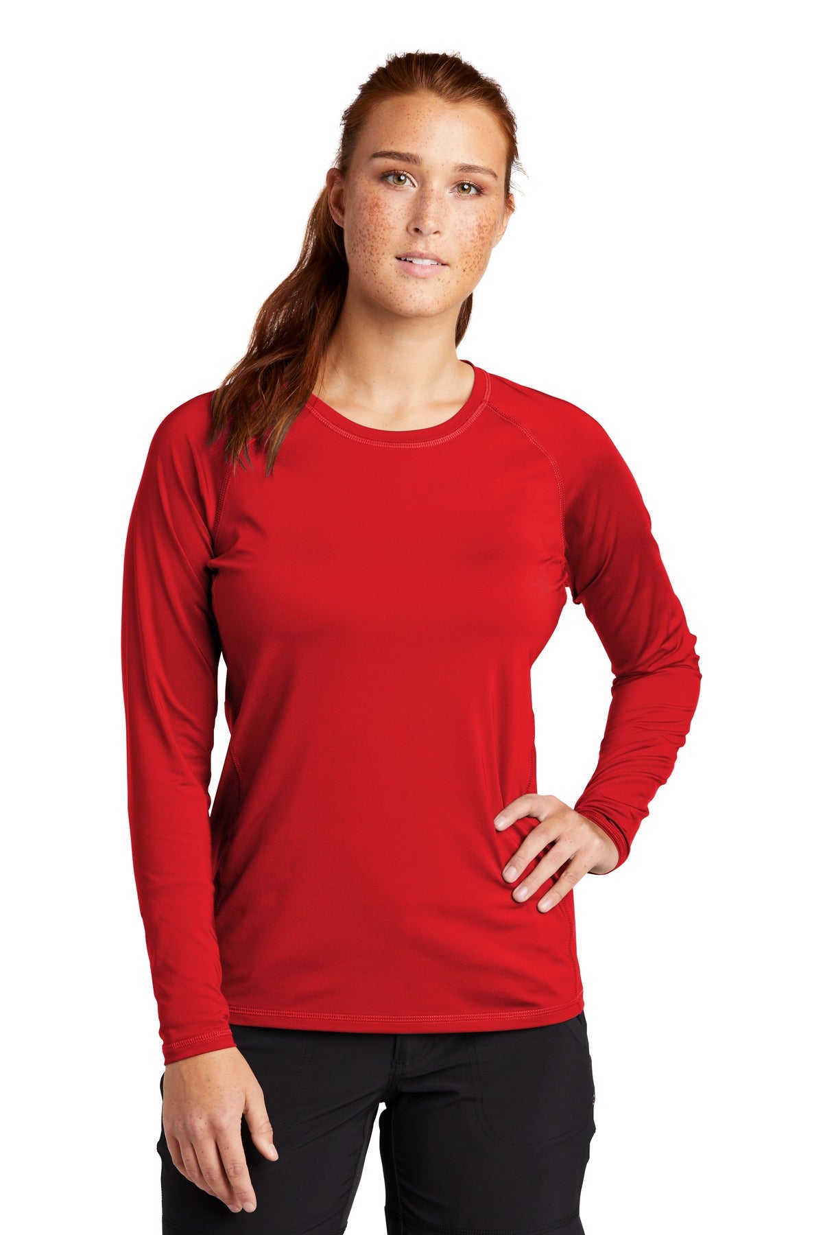 Front View of True Red Sport-Tek Women's Long Sleeve Rashguard Tee. LST470LS