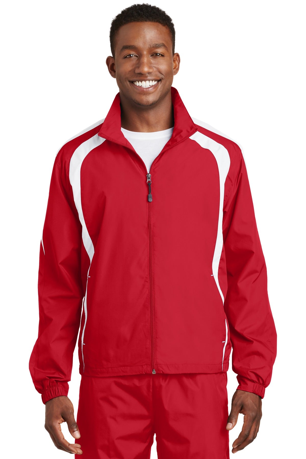 Front View of True Red/White Sport-Tek Colorblock Raglan Jacket. JST60