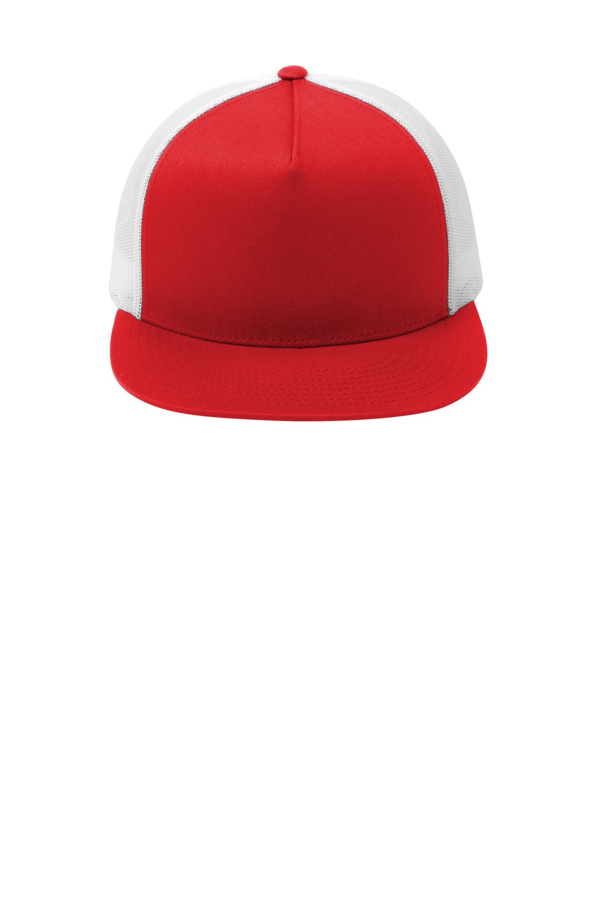Front View of True Red/White Sport-Tek YP Classics 5-Panel Classic Trucker Mesh Back Cap. STC38