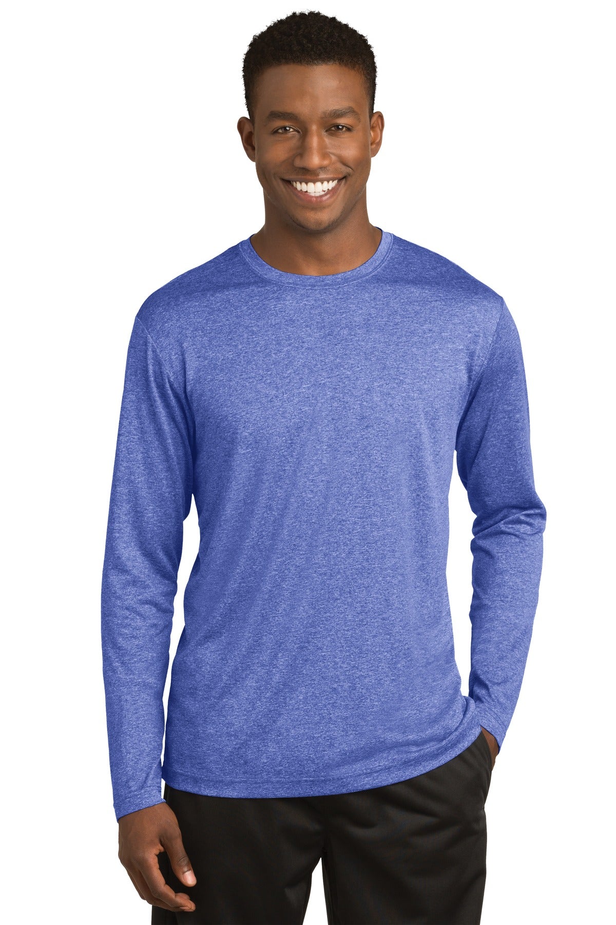 Front View of True Royal Hea Sport-Tek Long Sleeve Heather Contender Tee. ST360LS