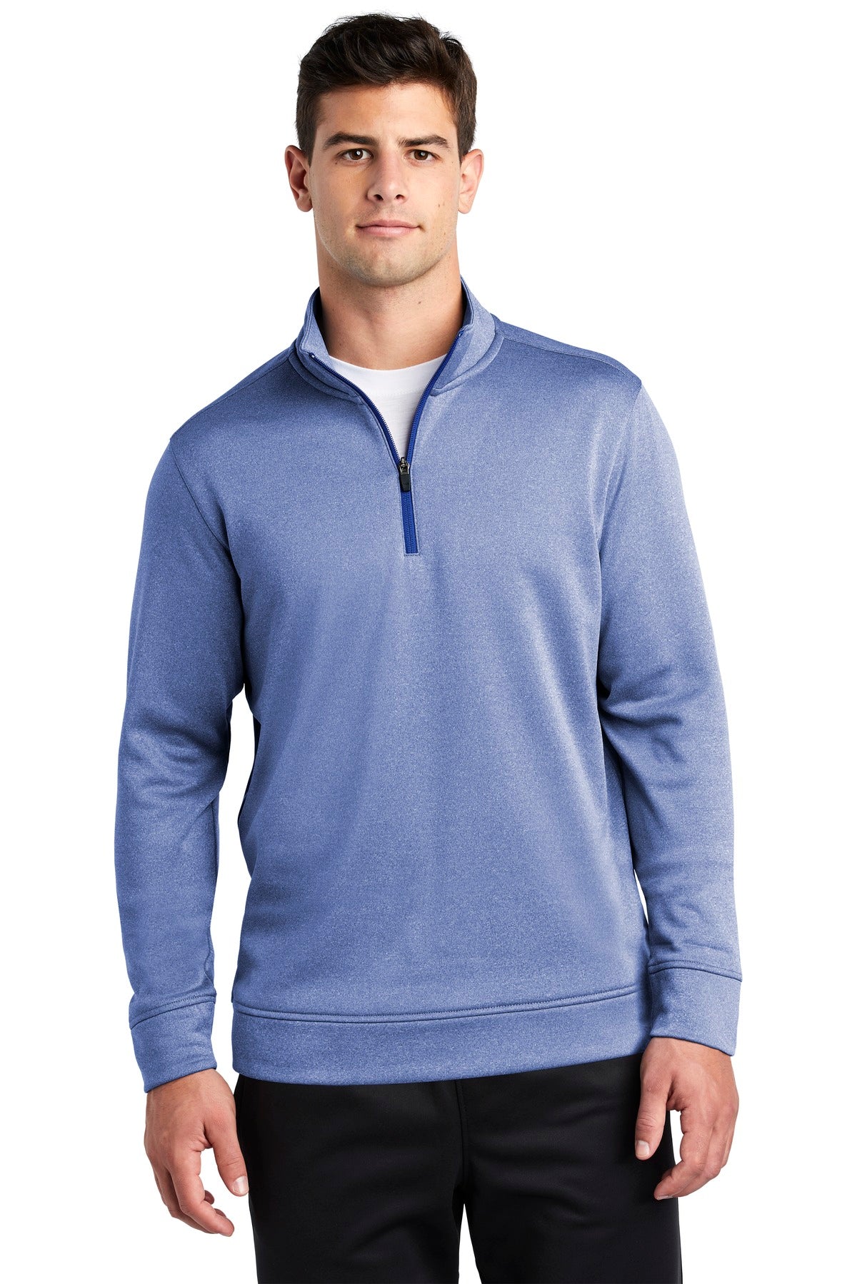 Front View of True Royal Hth Sport-Tek PosiCharge Sport-Wick Heather Fleece 1/4-Zip Pullover. ST263