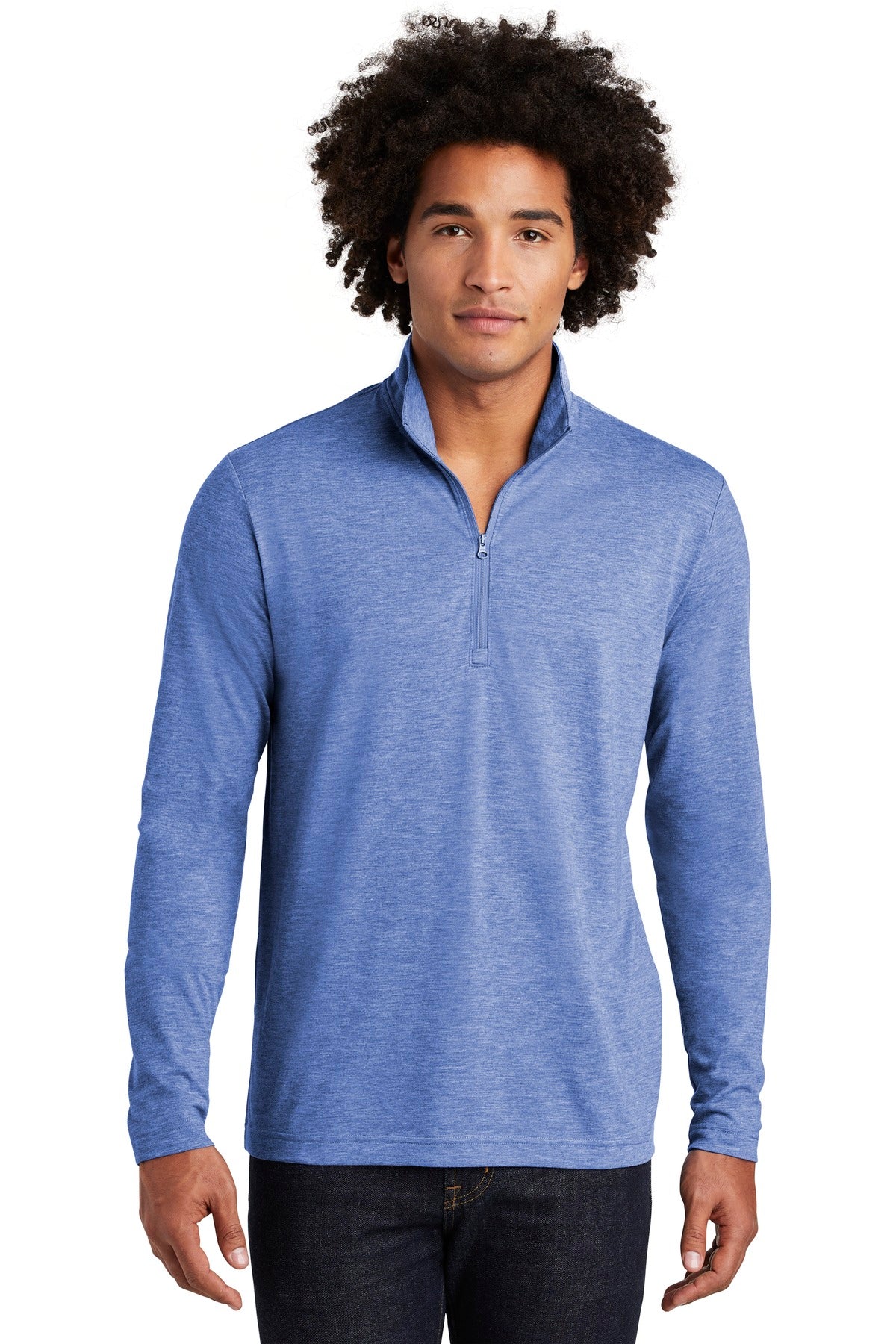 Front View of True Royal Hth Sport-Tek PosiCharge Tri-Blend Wicking 1/4-Zip Pullover. ST407
