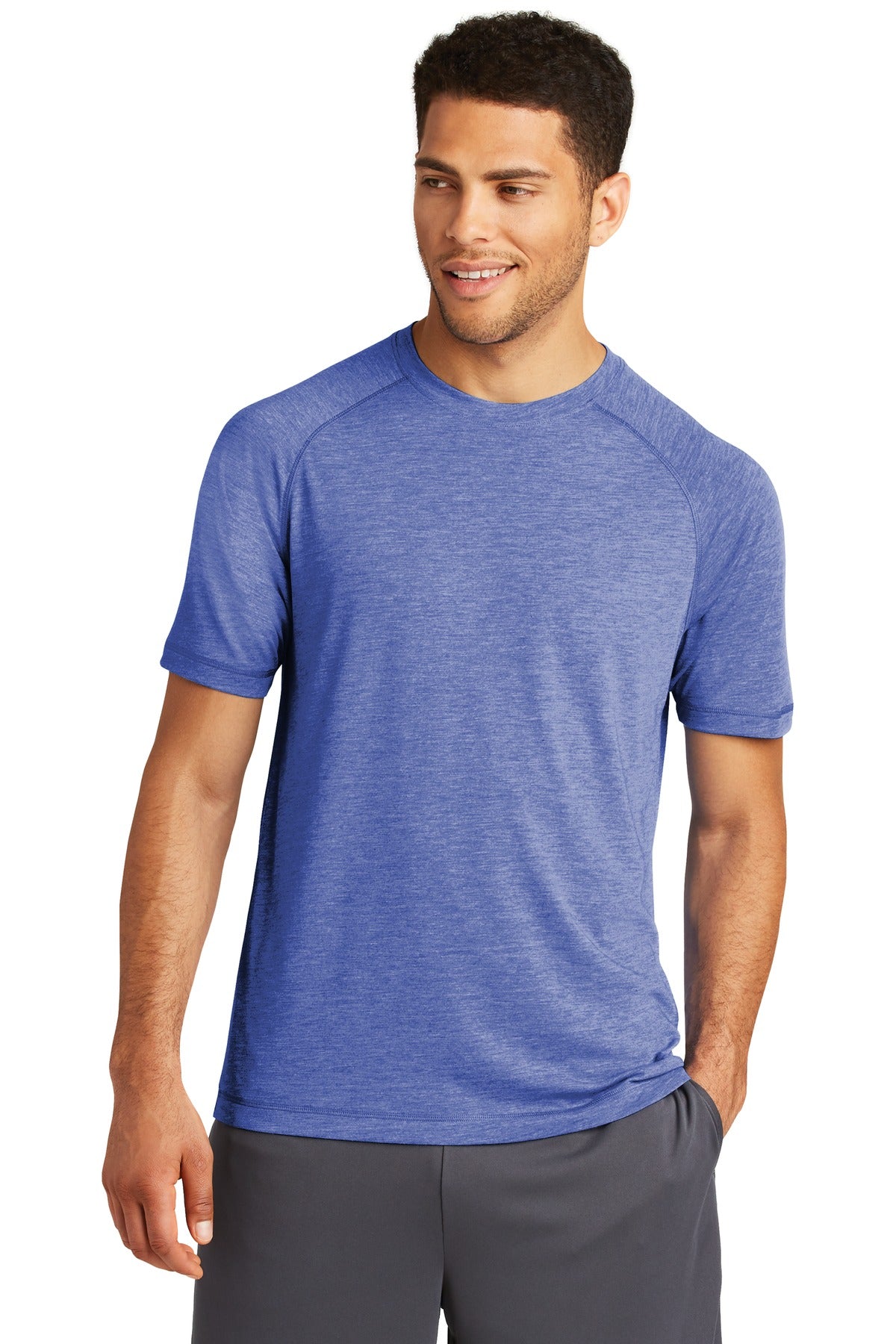Front View of True Royal Hth Sport-Tek PosiCharge Tri-Blend Wicking Raglan Tee. ST400