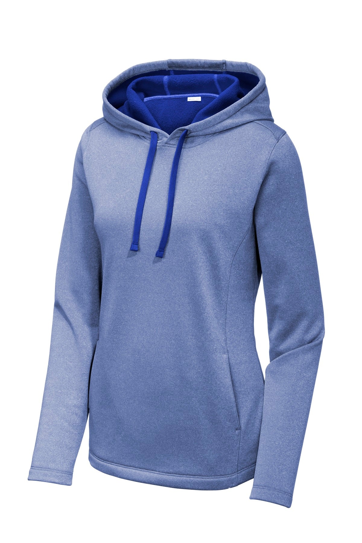 Front View of True Royal Hth Sport-Tek Women's PosiCharge Sport-Wick Heather Fleece Hooded Pullover. LST264