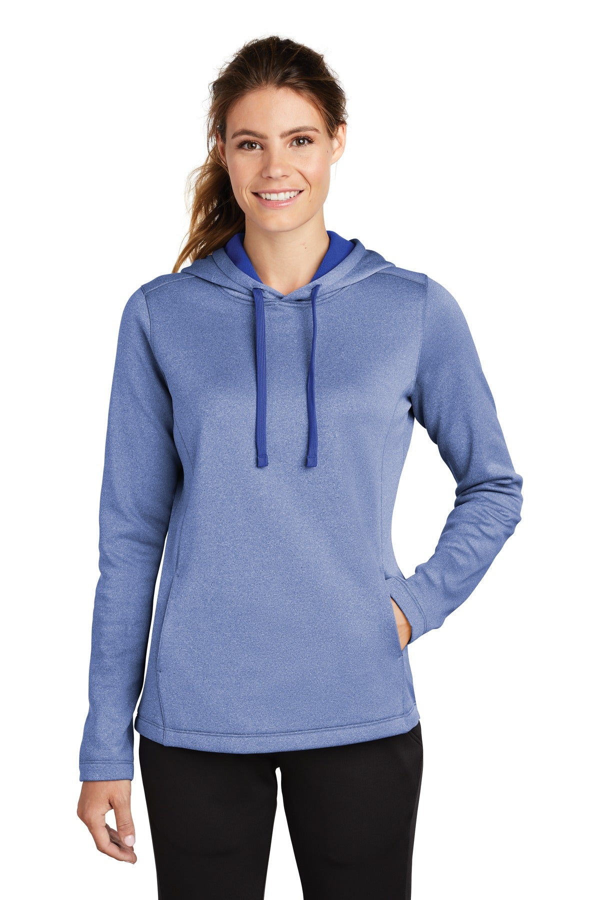 Front View of True Royal Hth Sport-Tek Women's PosiCharge Sport-Wick Heather Fleece Hooded Pullover. LST264