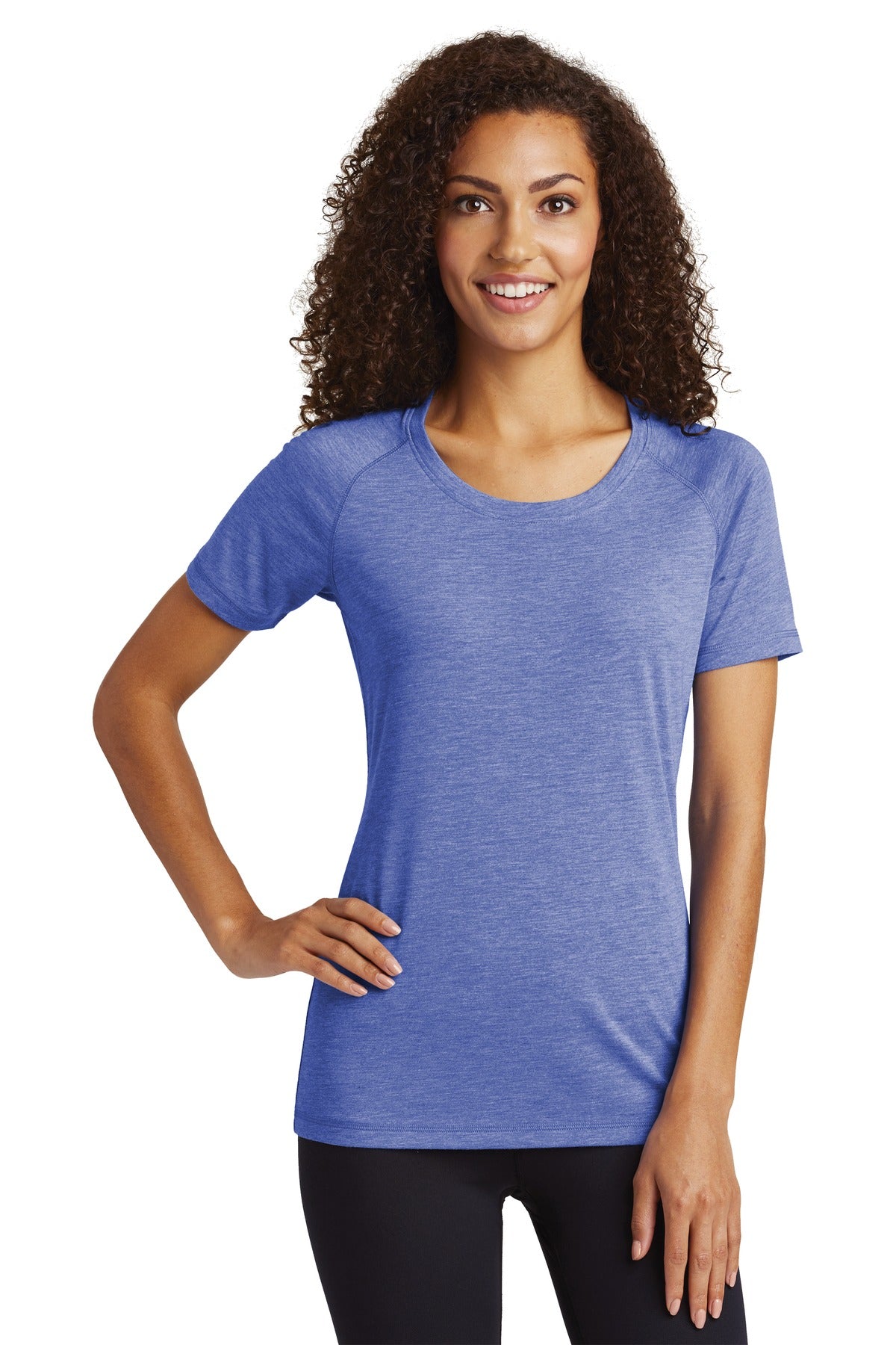 Front View of True Royal Hth Sport-Tek Women's PosiCharge Tri-Blend Wicking Scoop Neck Raglan Tee. LST400