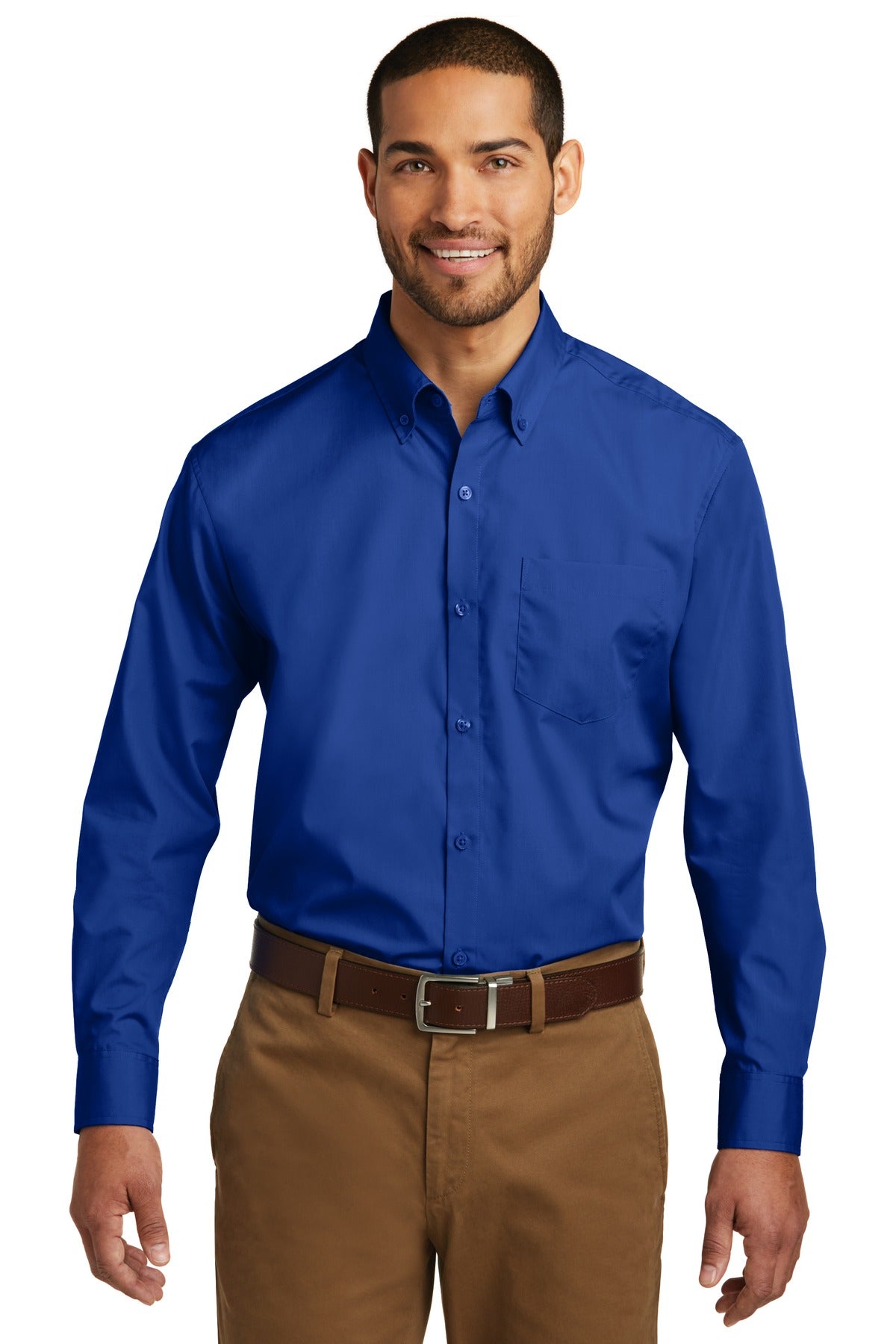 Front View of True Royal Port Authority Tall Long Sleeve Carefree Poplin Shirt. TW100