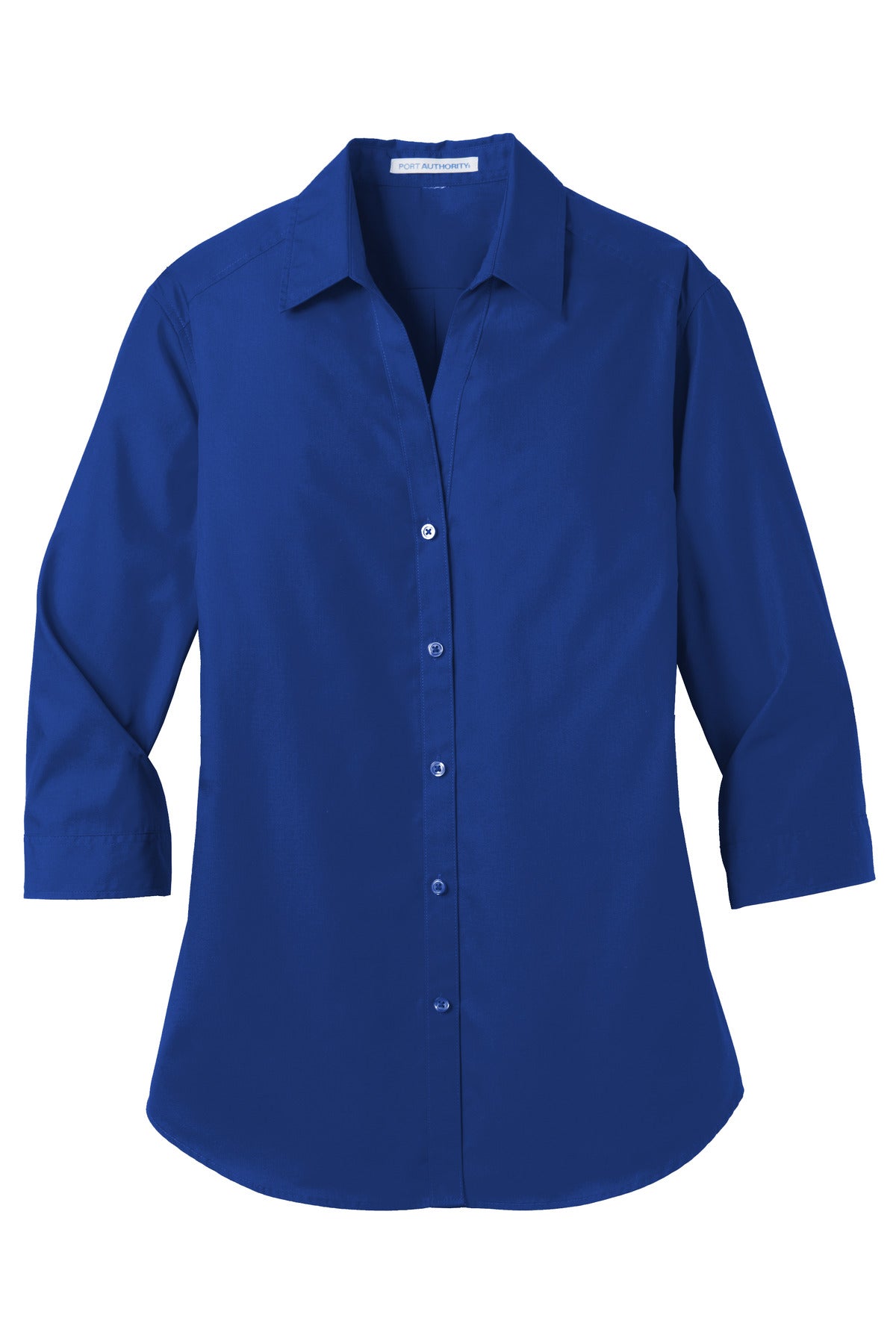 Front View of True Royal Port Authority Women's 3/4-Sleeve Carefree Poplin Shirt. LW102
