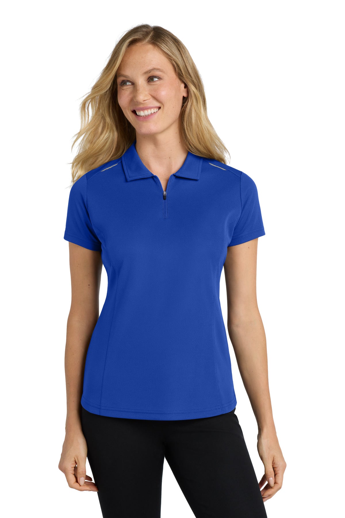Front View of True Royal Port Authority Women's Pinpoint Mesh Zip Polo. L580