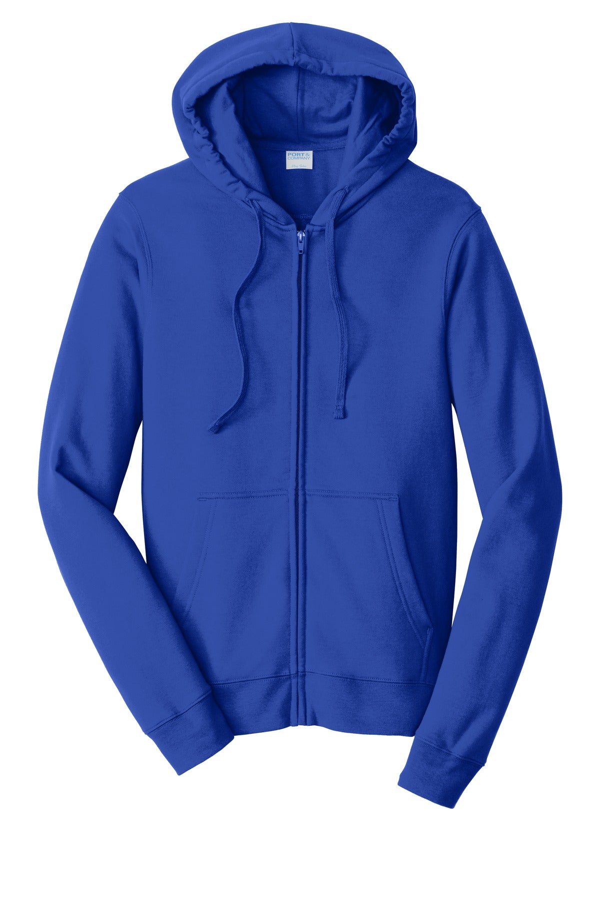 Front View of True Royal Port & Company Fan Favorite Fleece Full-Zip Hooded Sweatshirt. PC850ZH