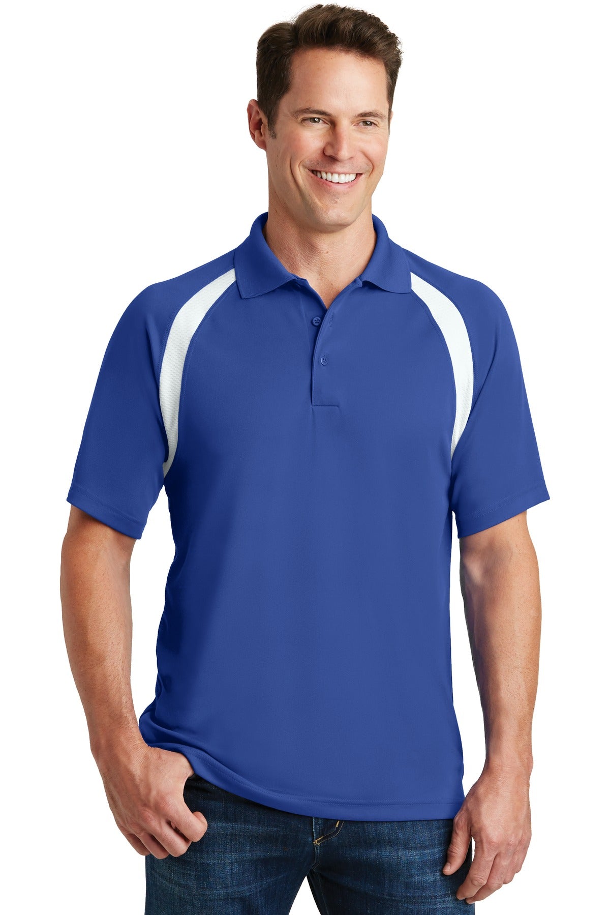 Front View of True Royal Sport-Tek Dry Zone Colorblock Raglan Polo. T476
