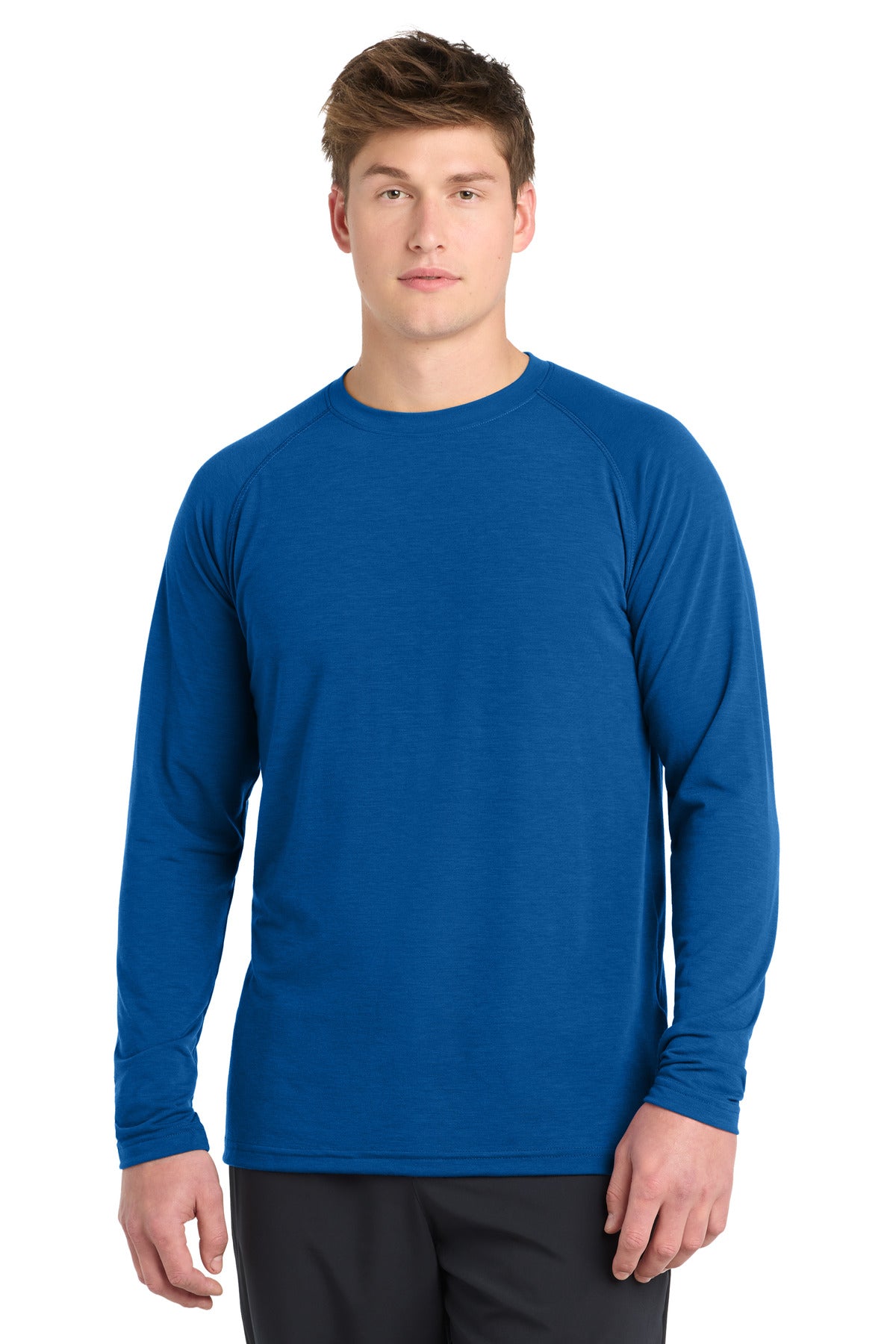 Front View of True Royal Sport-Tek Long Sleeve Ultimate Performance Crew. ST700LS