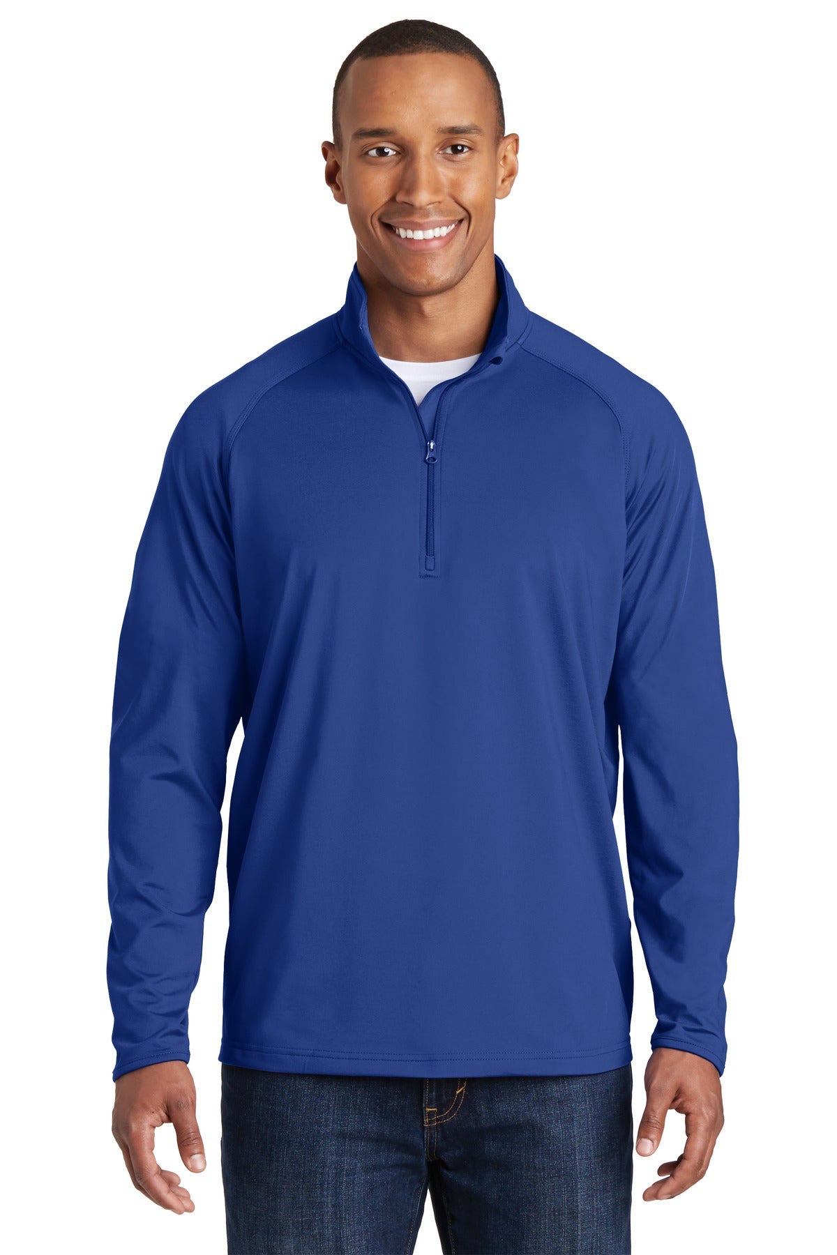 Front View of True Royal Sport-Tek Tall Sport-Wick Stretch 1/4-Zip Pullover. TST850