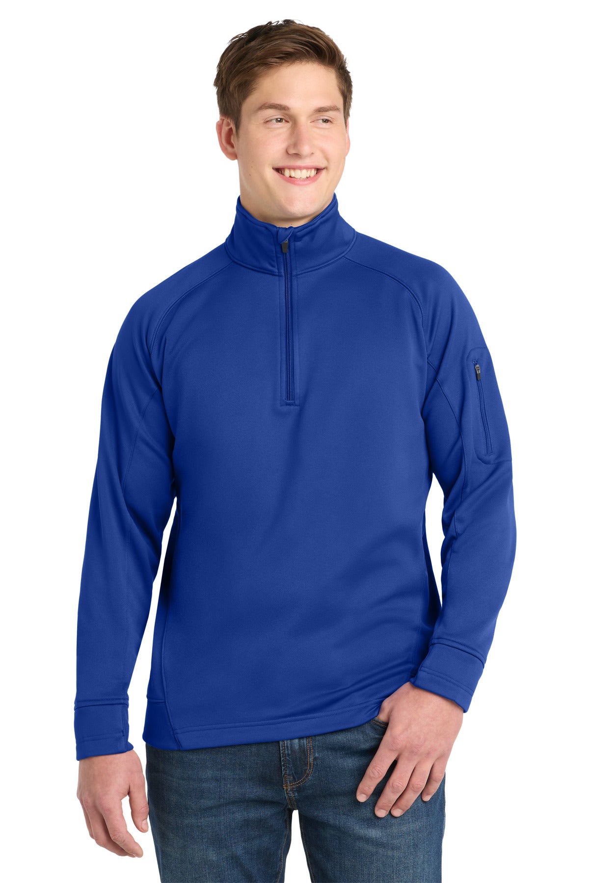Front View of True Royal Sport-Tek Tech Fleece 1/4-Zip Pullover. F247
