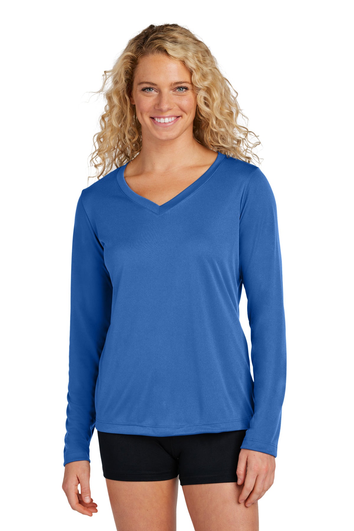 Front View of True Royal Sport-Tek Women's Long Sleeve PosiCharge Competitor V-Neck Tee. LST353LS