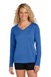 Front View of True Royal Sport-Tek Women's Long Sleeve PosiCharge Competitor V-Neck Tee. LST353LS