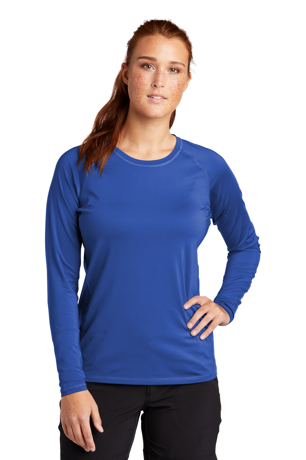 Front View of True Royal Sport-Tek Women's Long Sleeve Rashguard Tee. LST470LS