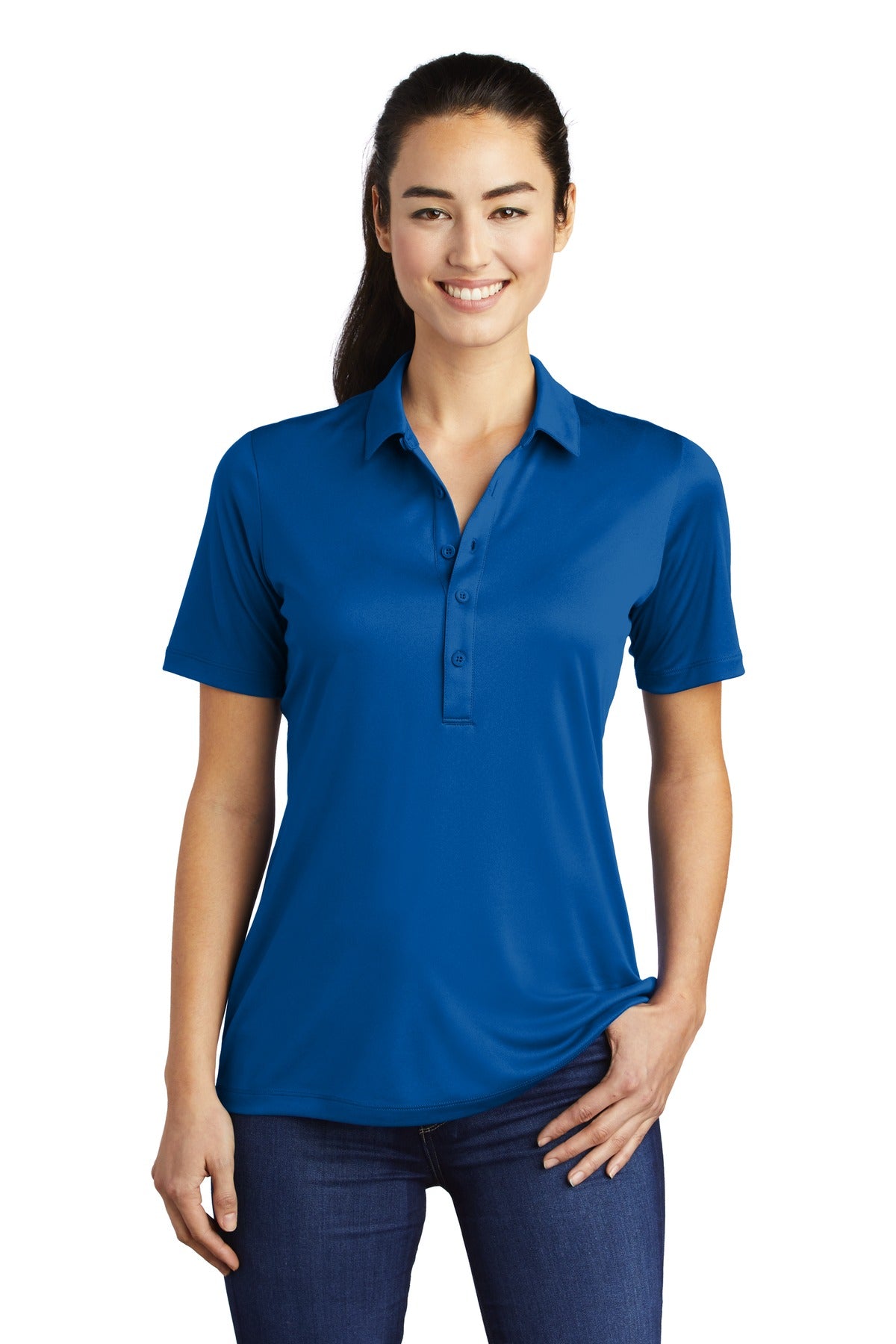 Front View of True Royal Sport-Tek Women's Posi-UV Pro Polo. LST520