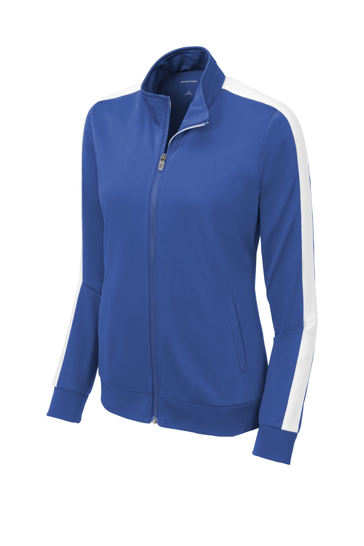 Front View of True Royal/Wht Sport-Tek Ladies Tricot Sleeve Stripe Track Jacket. LST94