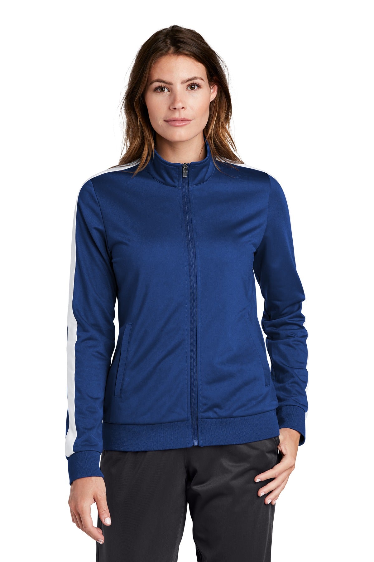 Front View of True Royal/Wht Sport-Tek Ladies Tricot Sleeve Stripe Track Jacket. LST94