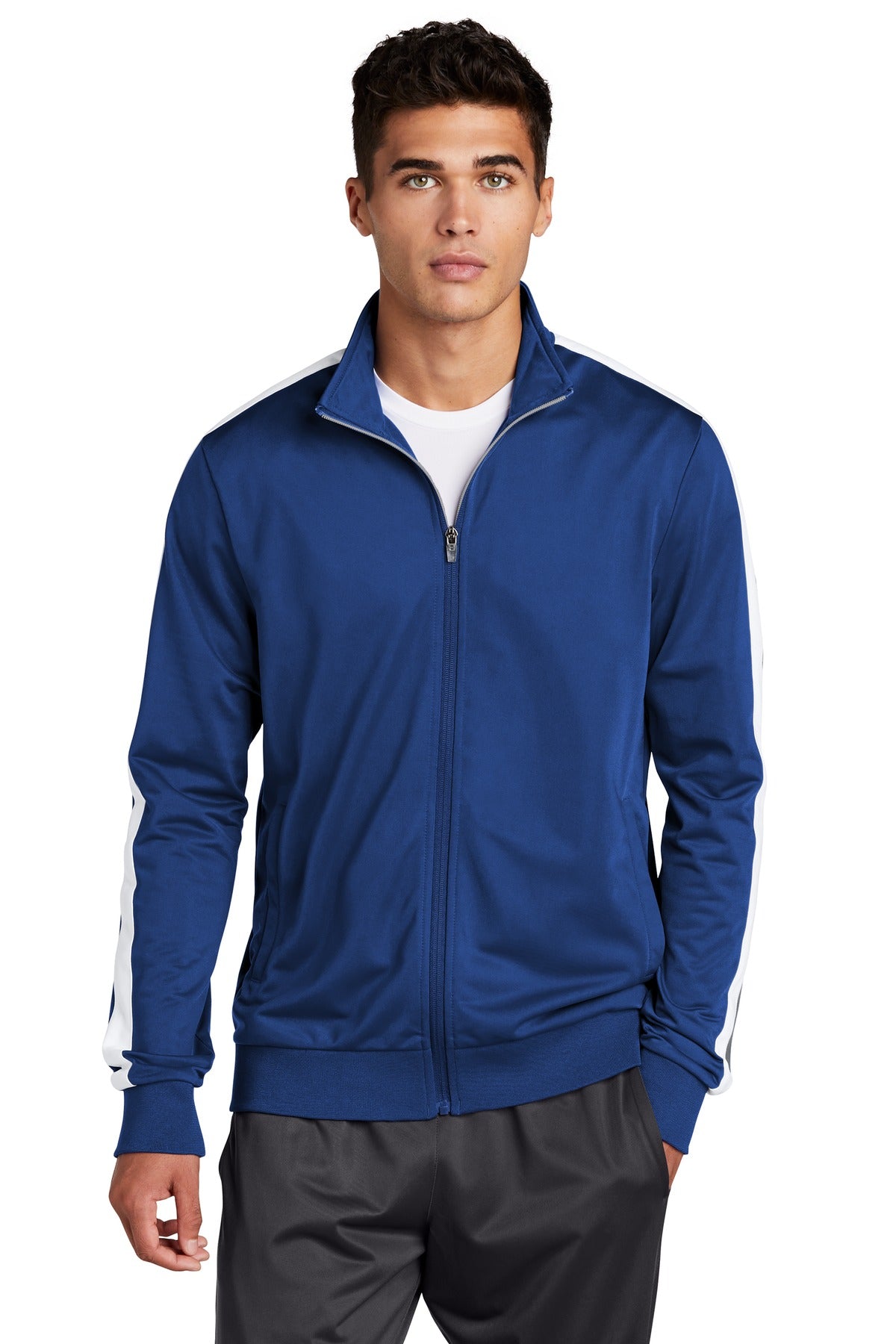 Front View of True Royal/Wht Sport-Tek Tricot Sleeve Stripe Track Jacket. JST94
