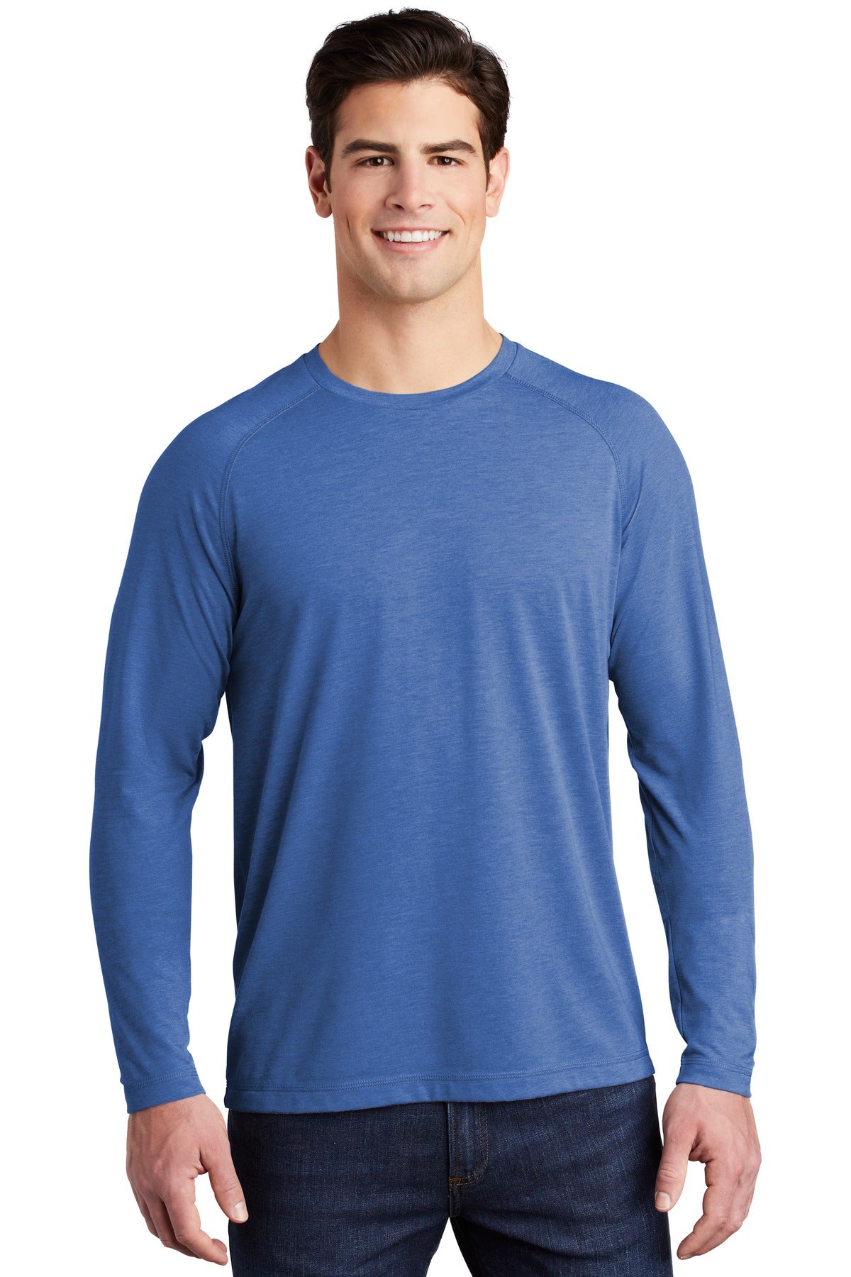 Front View of True Royl Hthr Sport-Tek PosiCharge Long Sleeve Tri-Blend Wicking Raglan Tee ST400LS