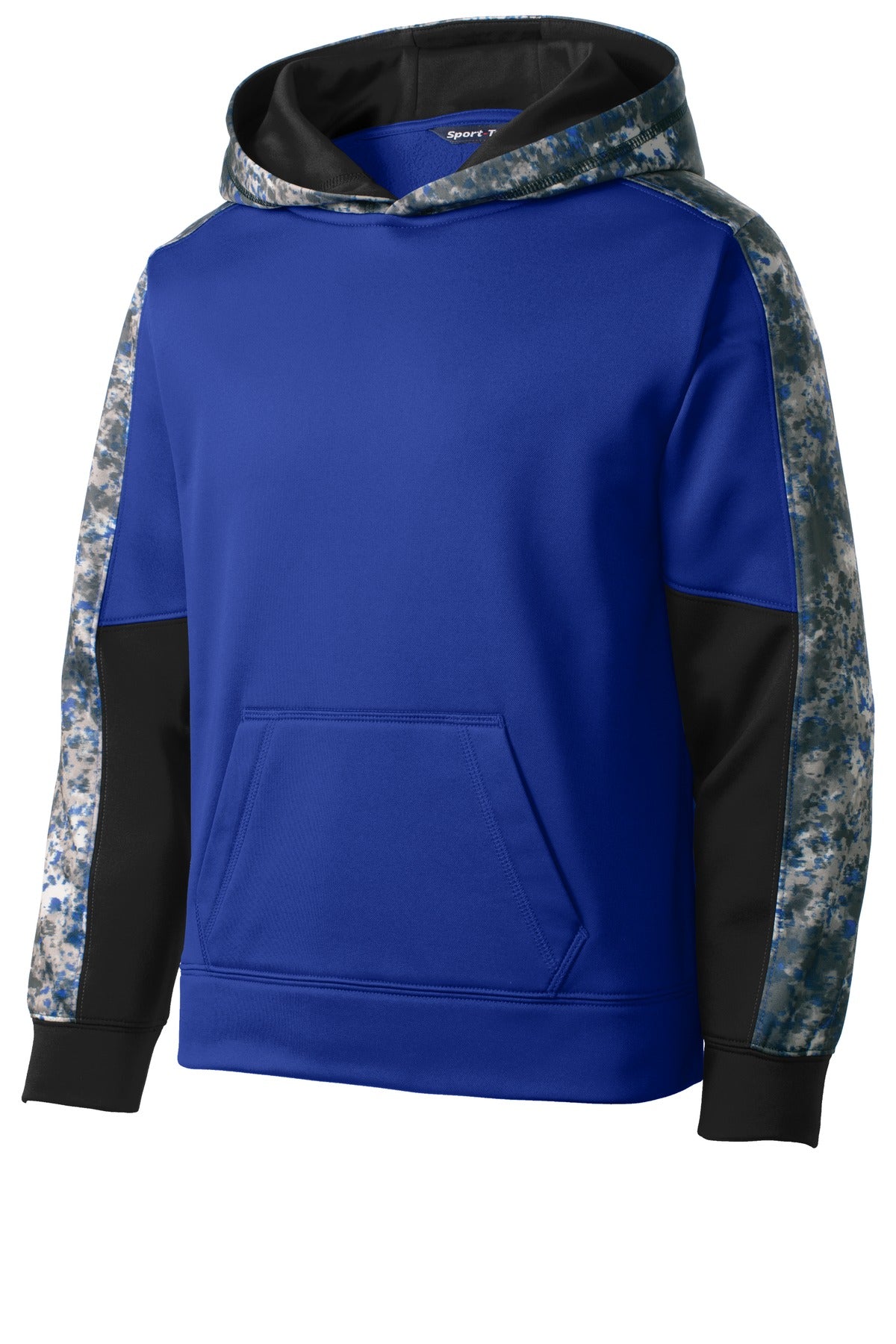 Front View of True Roy/Tr Ry Sport-Tek Youth Sport-Wick Mineral Freeze Fleece Colorblock Hooded Pullover. YST231