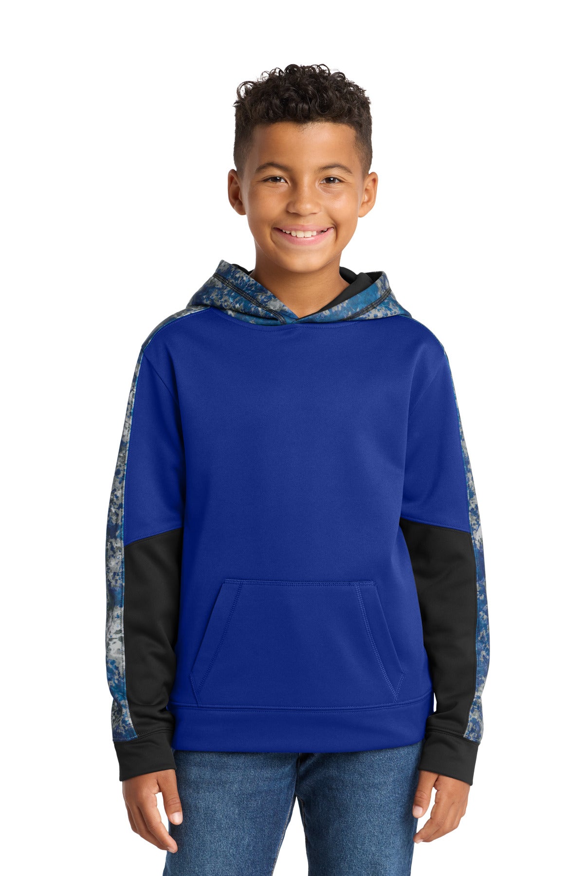 Front View of True Roy/Tr Ry Sport-Tek Youth Sport-Wick Mineral Freeze Fleece Colorblock Hooded Pullover. YST231