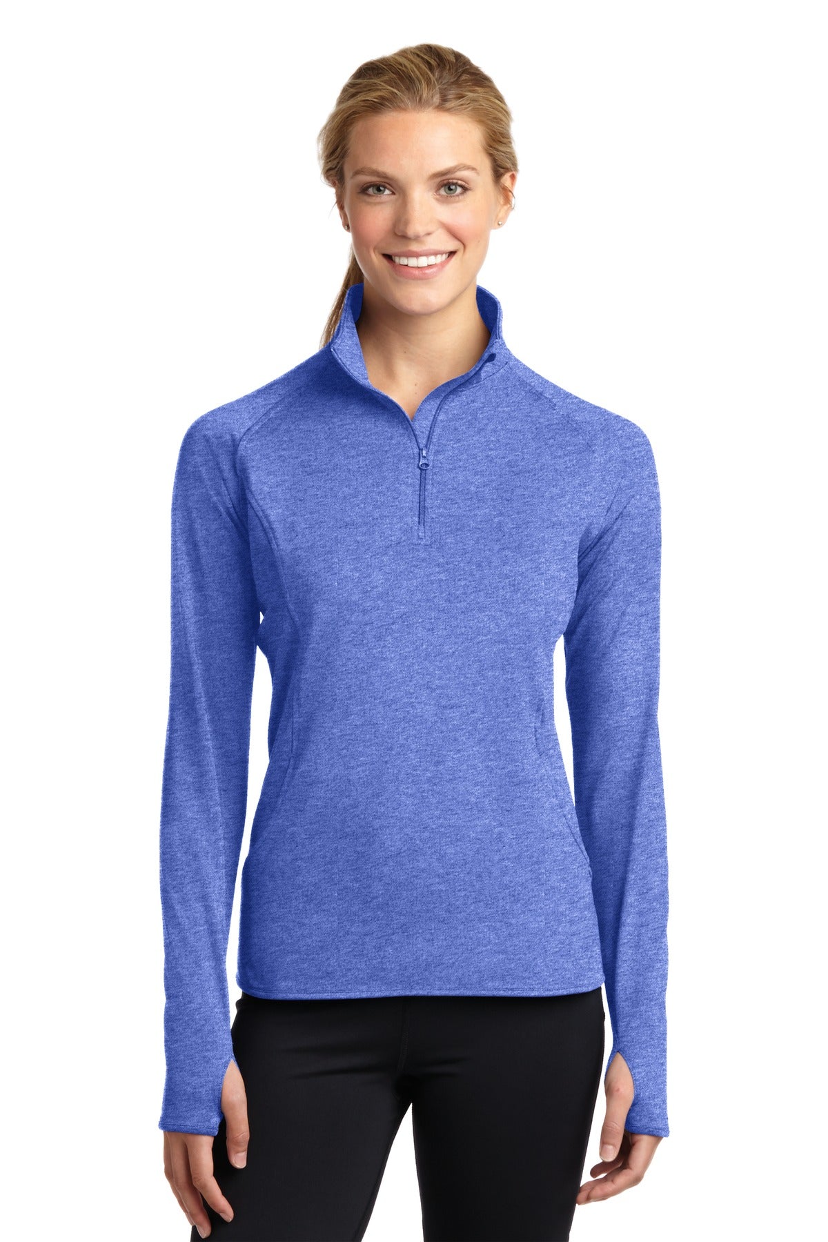 Front View of True Ryl Hthr Sport-Tek Women's Sport-Wick Stretch 1/4-Zip Pullover. LST850
