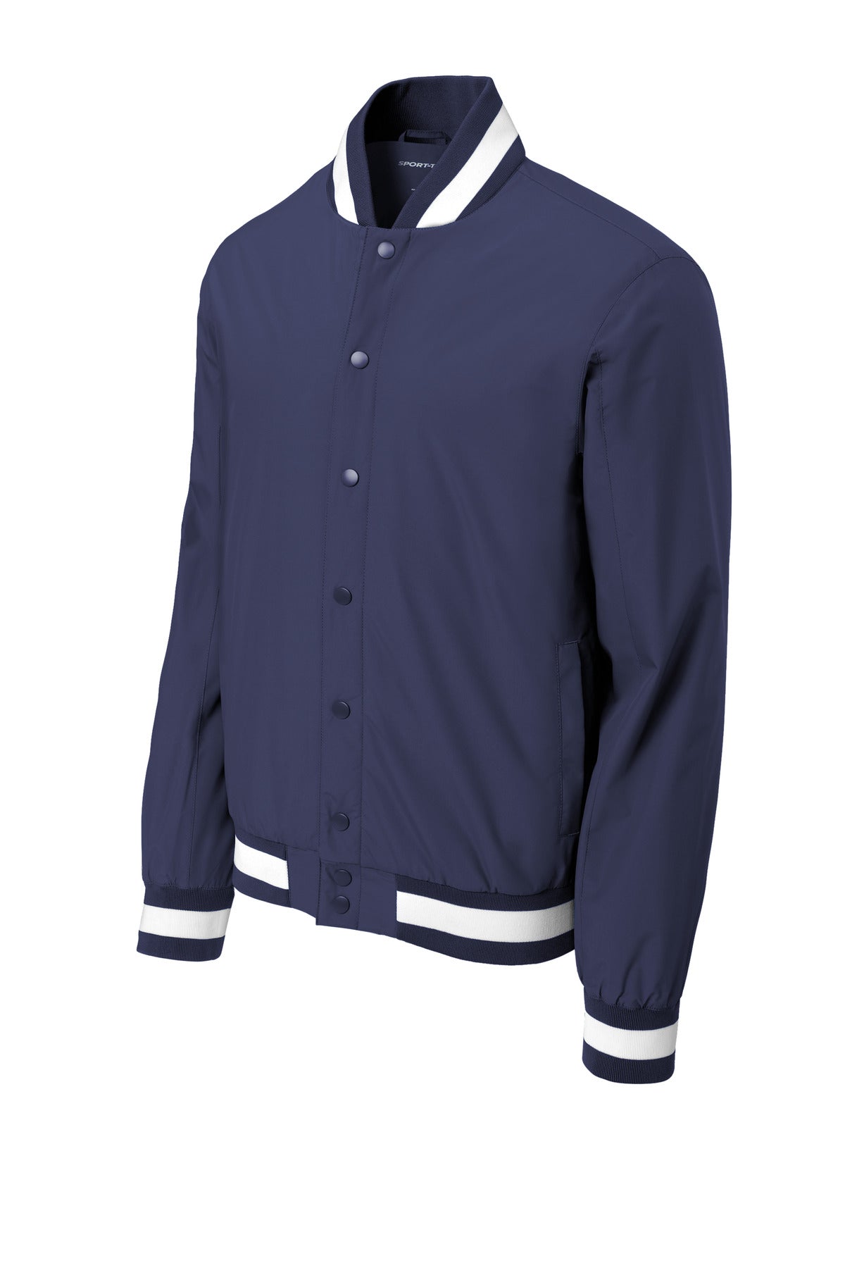 Front View of TrueNavy Sport-Tek Insulated Varsity Jacket JST58