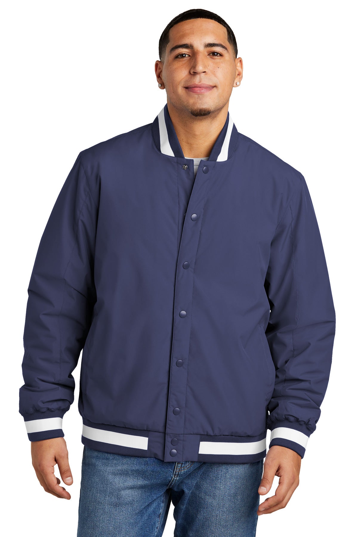 Front View of TrueNavy Sport-Tek Insulated Varsity Jacket JST58