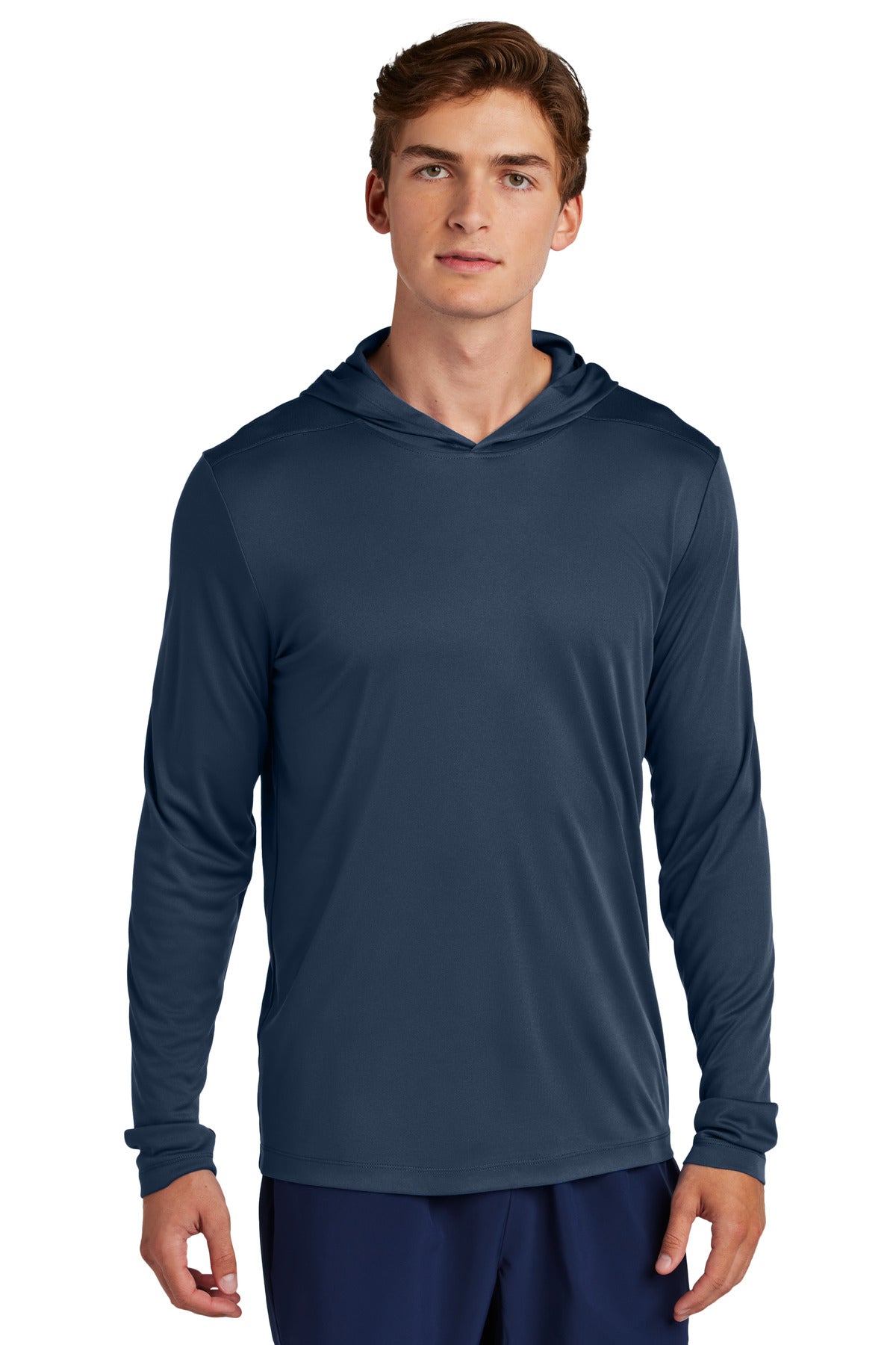Front View of TrueNavy Sport-Tek Posi-UV Pro Long Sleeve Hoodie ST420LSH