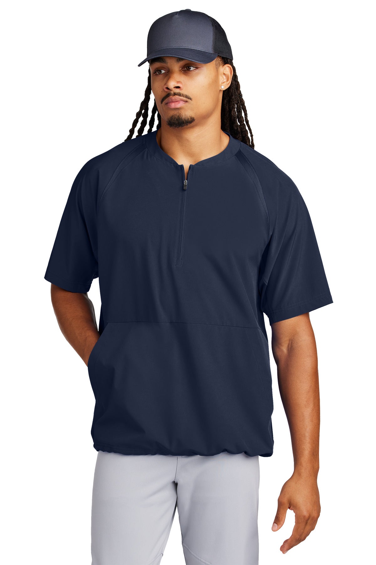 Front View of TrueNavy Sport-Tek Repeat 1/2-Zip Short Sleeve Jacket JST489