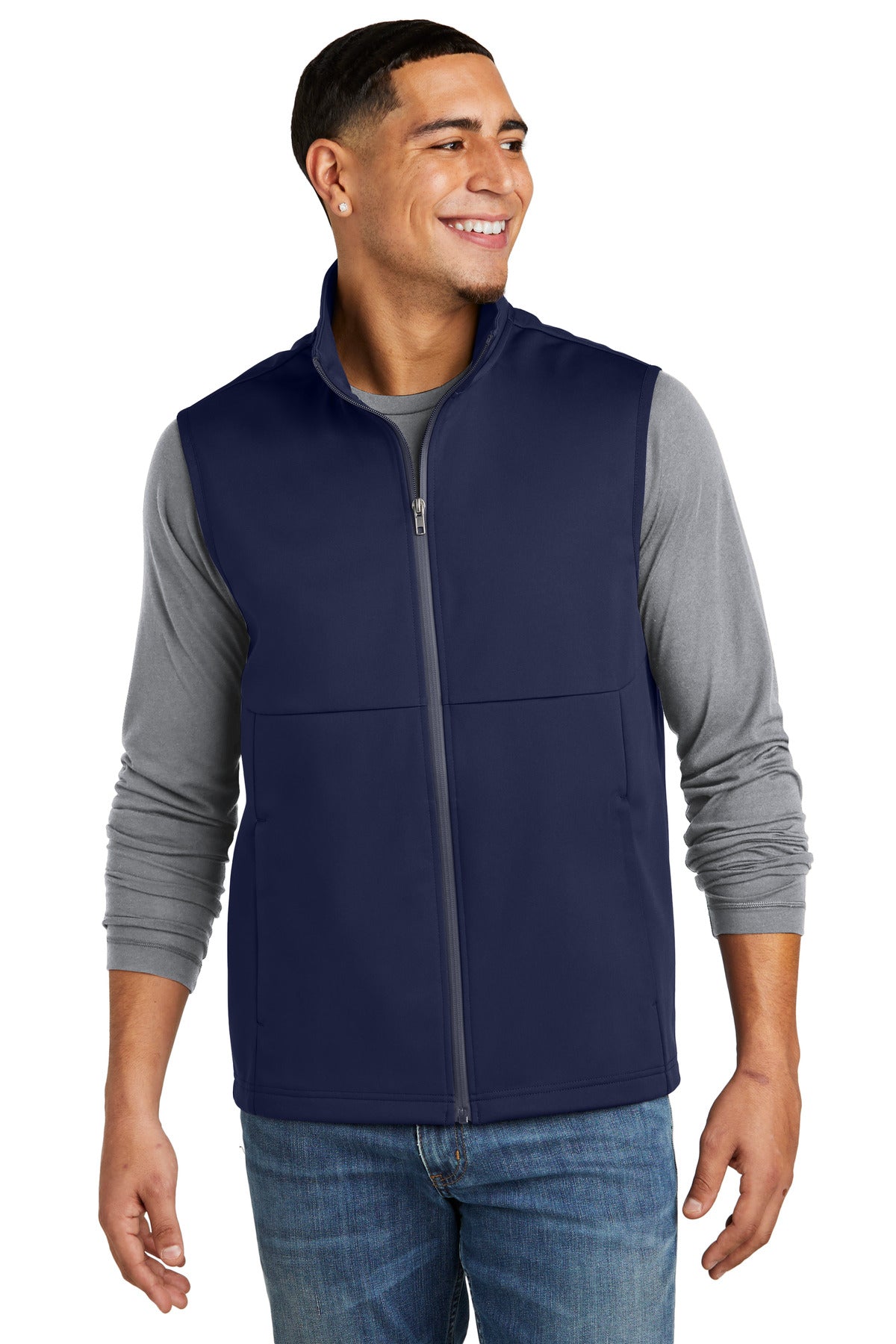 Front View of TrueNavy Sport-Tek Soft Shell Vest ST981