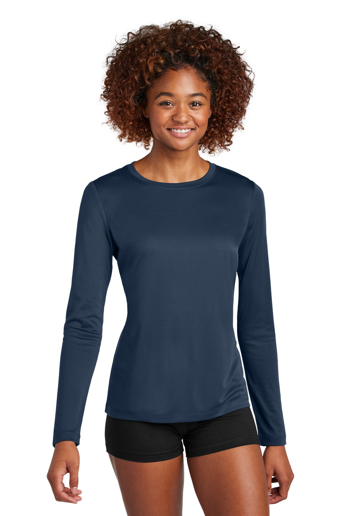 Front View of TrueNavy Sport-Tek Women's Posi-UV Pro Long Sleeve LST420LS