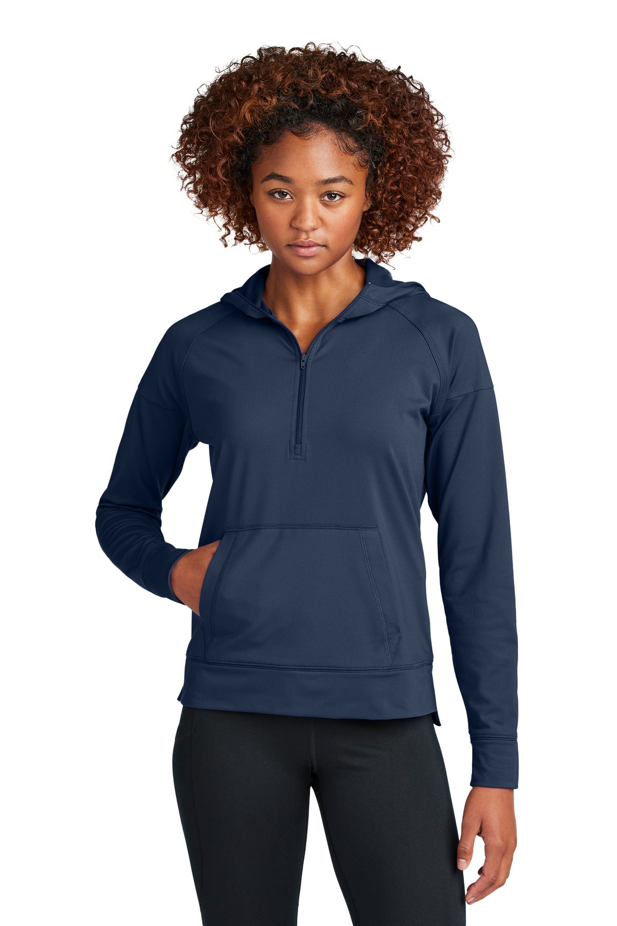 Front View of TrueNavy Sport-Tek Women's Sport-Wick Stretch 1/2-Zip Hoodie LST856