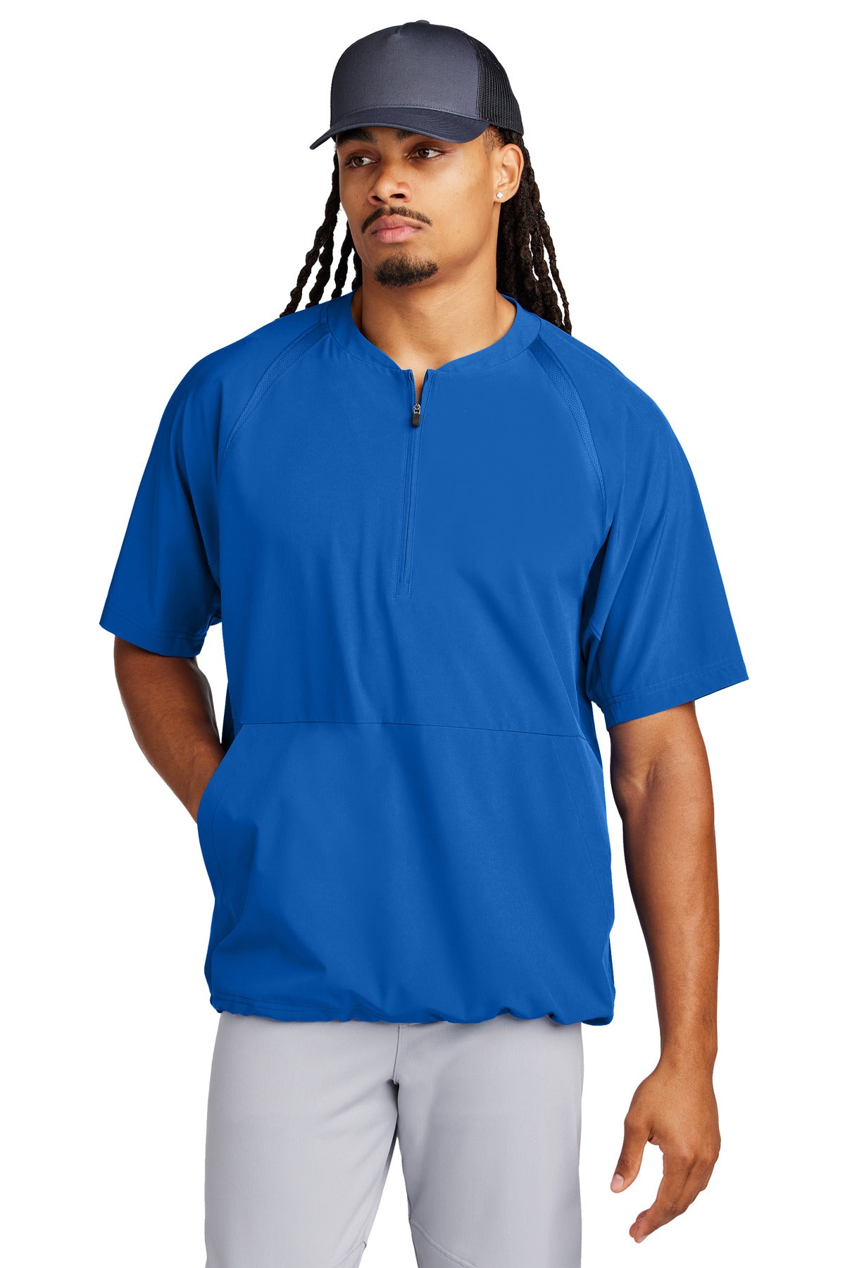 Front View of TrueRoyal Sport-Tek Repeat 1/2-Zip Short Sleeve Jacket JST489