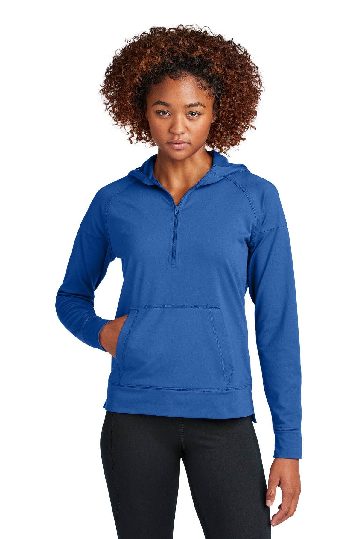 Front View of TrueRoyal Sport-Tek Women's Sport-Wick Stretch 1/2-Zip Hoodie LST856