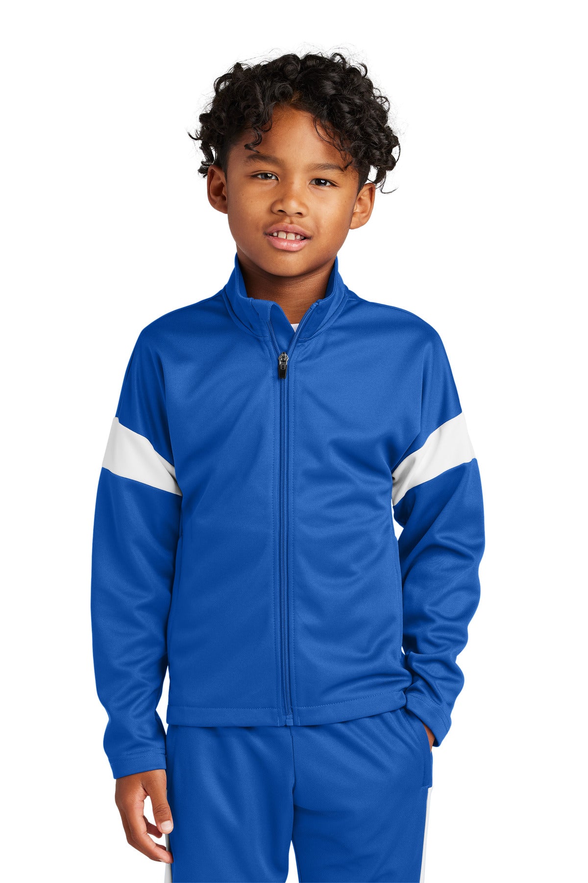 Front View of TRy/White Sport-Tek Youth Travel Full-Zip Jacket YST800