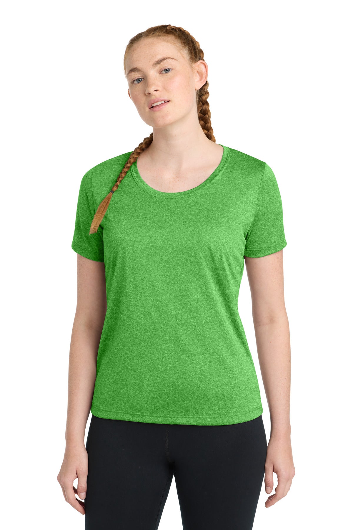 Front View of Turf Grn Hthr Sport-Tek Women's Heather Contender Scoop Neck Tee. LST360