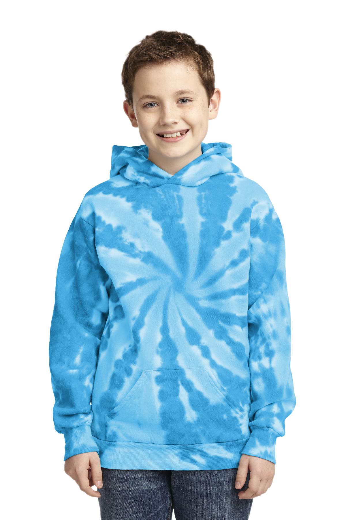 Front View of Turquoise Port & Company Youth Tie-Dye Pullover Hooded Sweatshirt. PC146Y