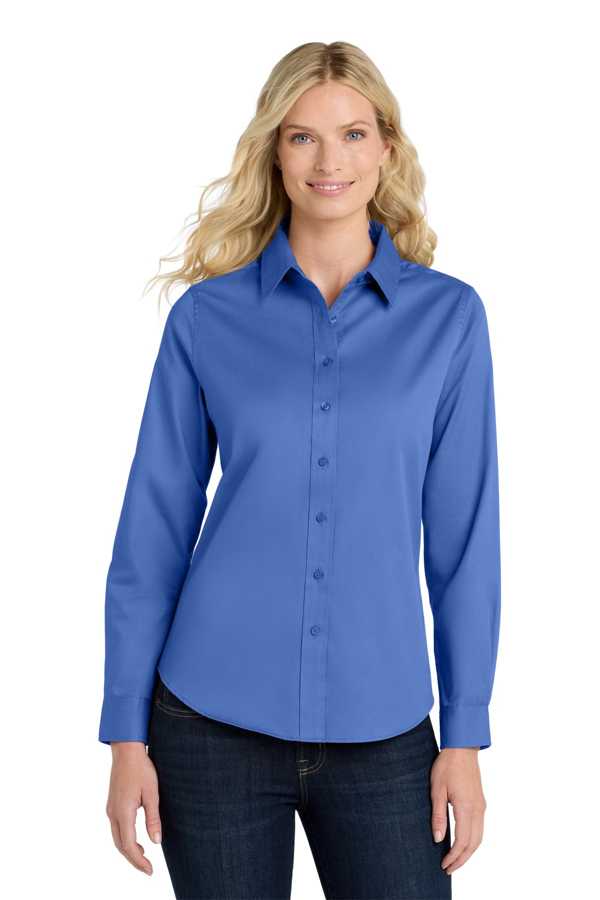 Front View of Ultramarne Blu Port Authority Women's Long Sleeve Easy Care Shirt. L608