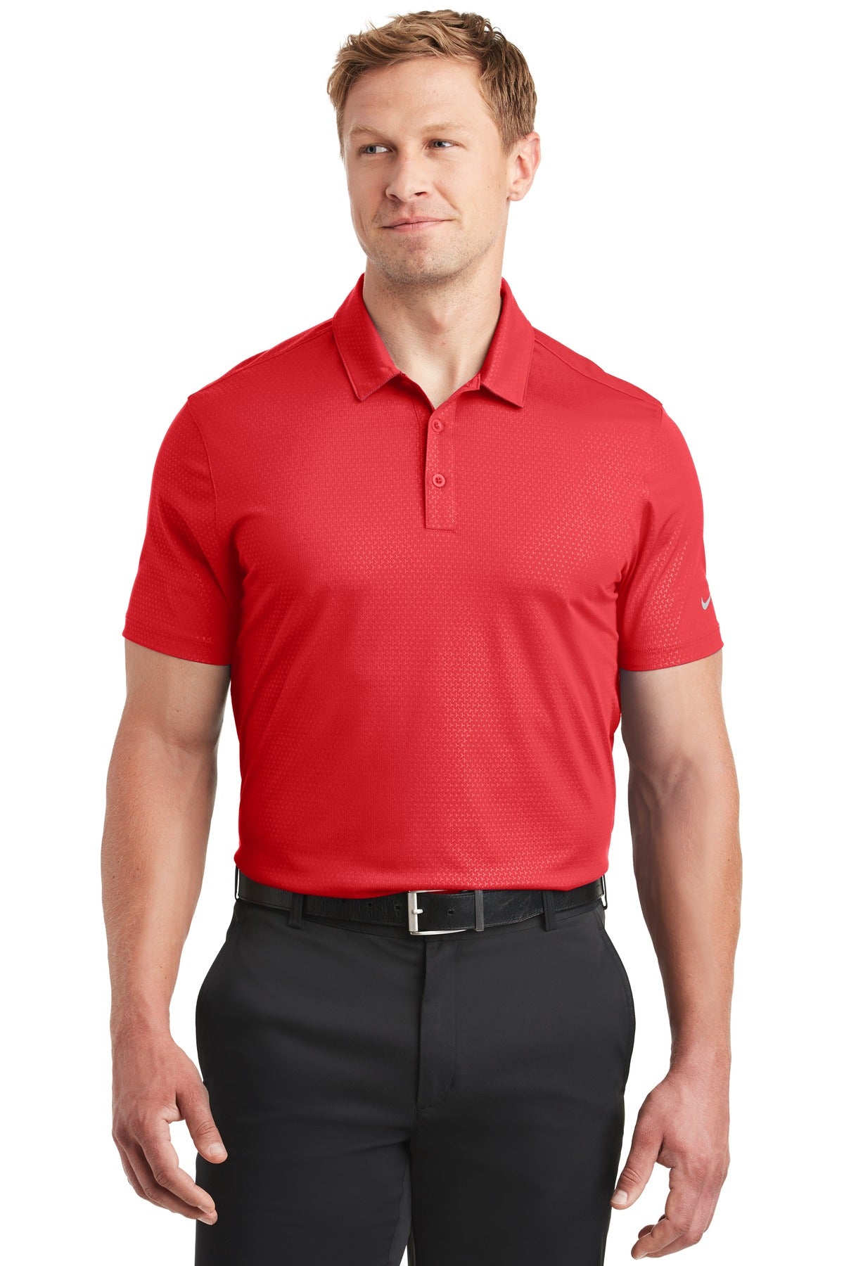 Front View of University Red Nike Dri-FIT Embossed Tri-Blade Polo. 838964