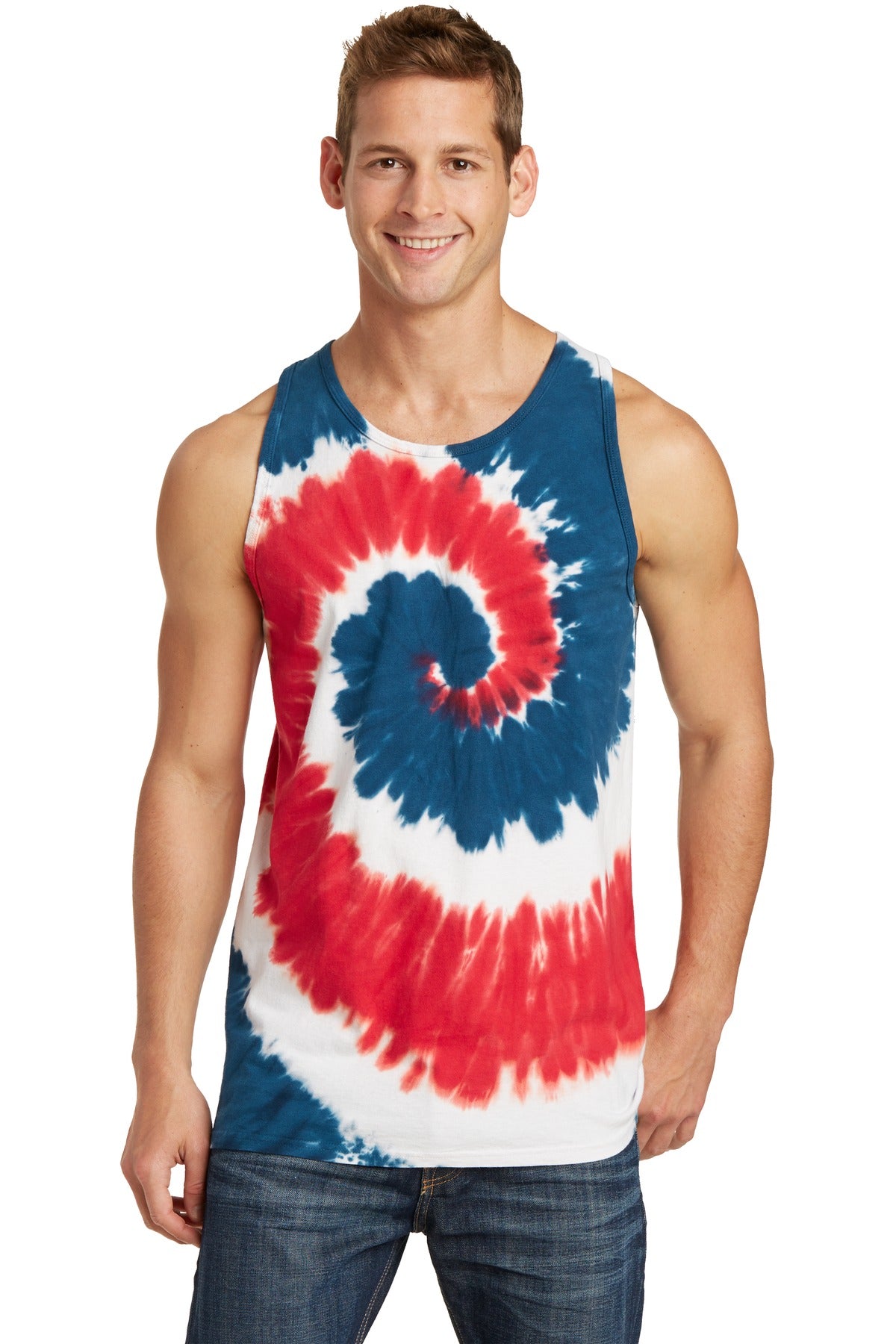 Front View of USA Rainbow Port & Company Tie-Dye Tank Top. PC147TT